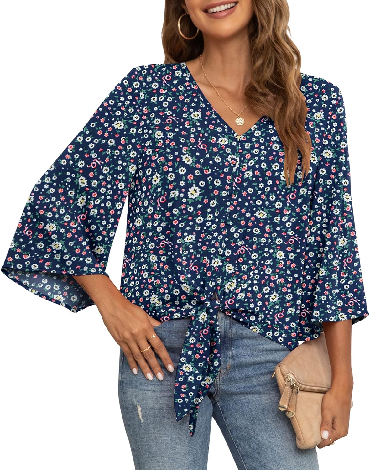 VIISHOW Women's Button V Neck Chiffon Tops 3/4 Bell Sleeve Tie Knot Casual Blouses Loose Summer Shirts