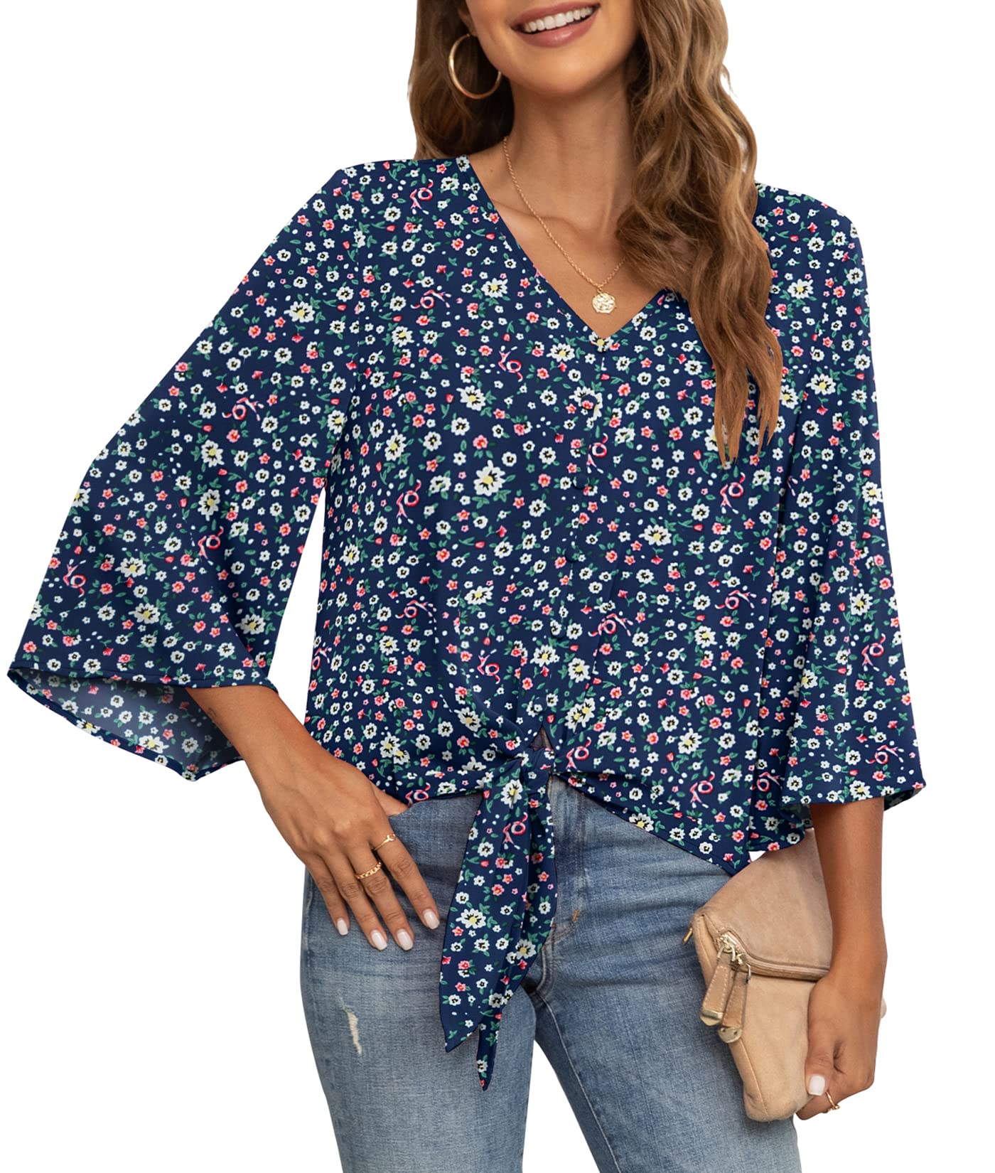 VIISHOW Women's Button V Neck Chiffon Tops 3/4 Bell Sleeve Tie Knot Casual Blouses Loose Summer Shirts
