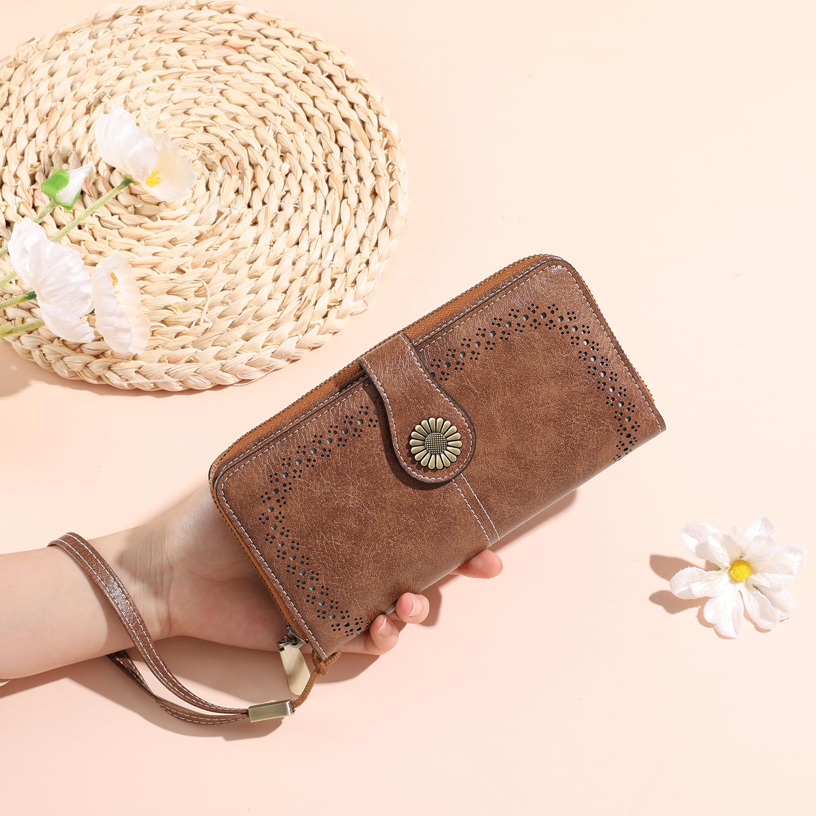 SENDEFN Portefeuille Femme, Grande Capacite Femme Portefeuille avec Blocage RFID Porte Monnaie avec Plusieurs Emplacements pour Cartes Long Portefeuille en Cuir