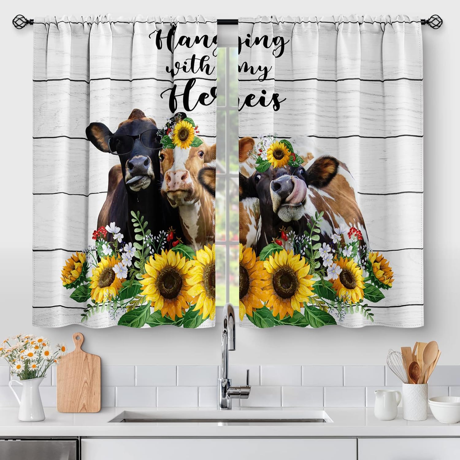 Farmhouse Country Kitchen Curtains - Vintage Chicken & Rooster Rustic Style Tier Curtains - 36 Inch Length, 2 Panels