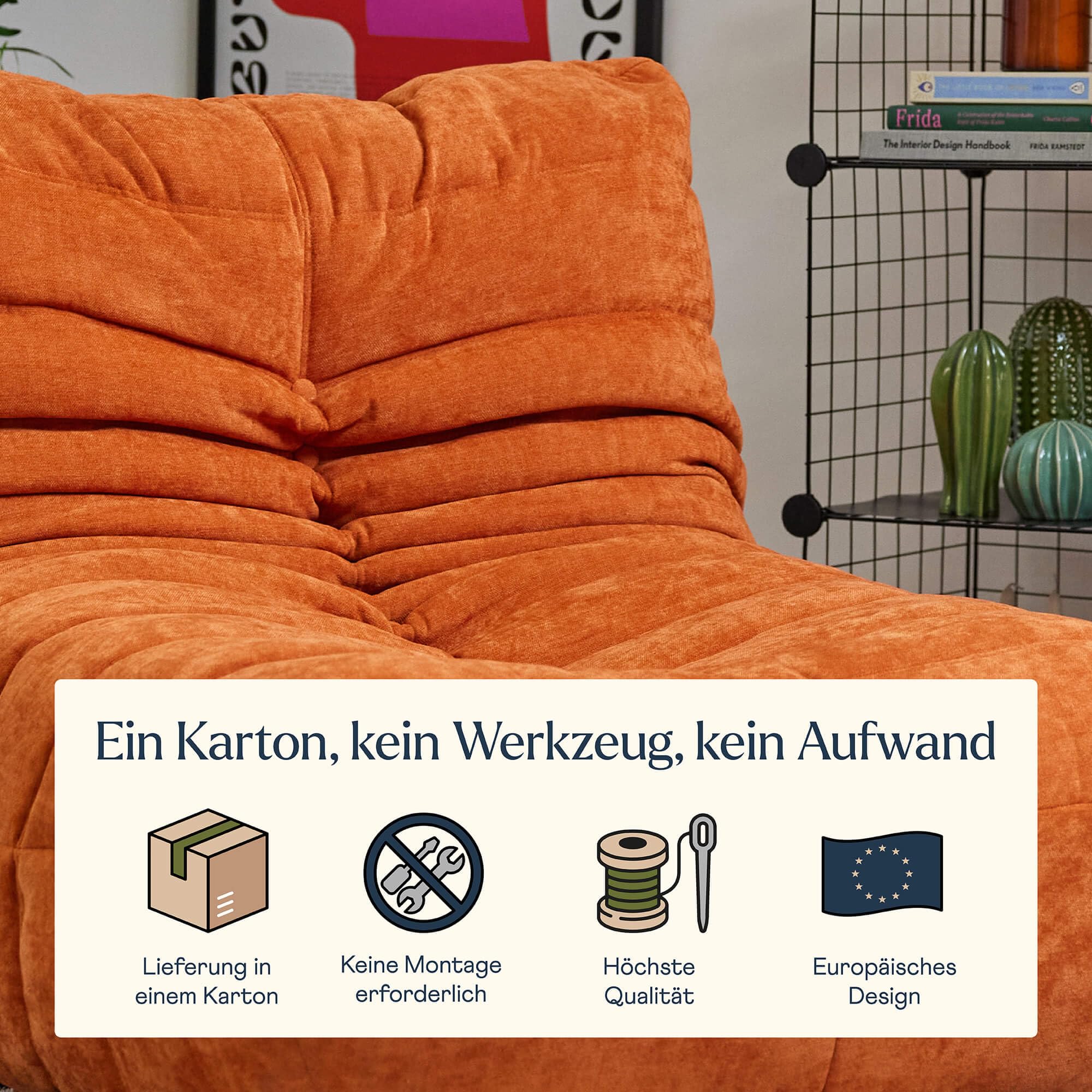 Icon Enzo Bodenstuhl mit Rückenlehne, Orange, Chenille Stoff, Bequemer Stuhl mit Schaumstofffüllung inklusive, Bodensofa, Wohnzimmermöbel, Schlafzimmerstuhl, Loungesessel, Akzentstuhl