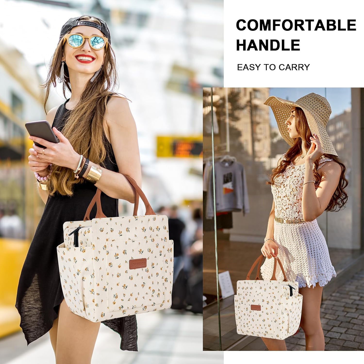 Joymee Lunch Bag Women Insulated Lunch Box Cute Corduroy Reusable Leakproof Large Capacity Lunch Tote Bag for Women Men Adult with Bottle Holder and Side Pockets for Work - Corduroy Yellow-Floral