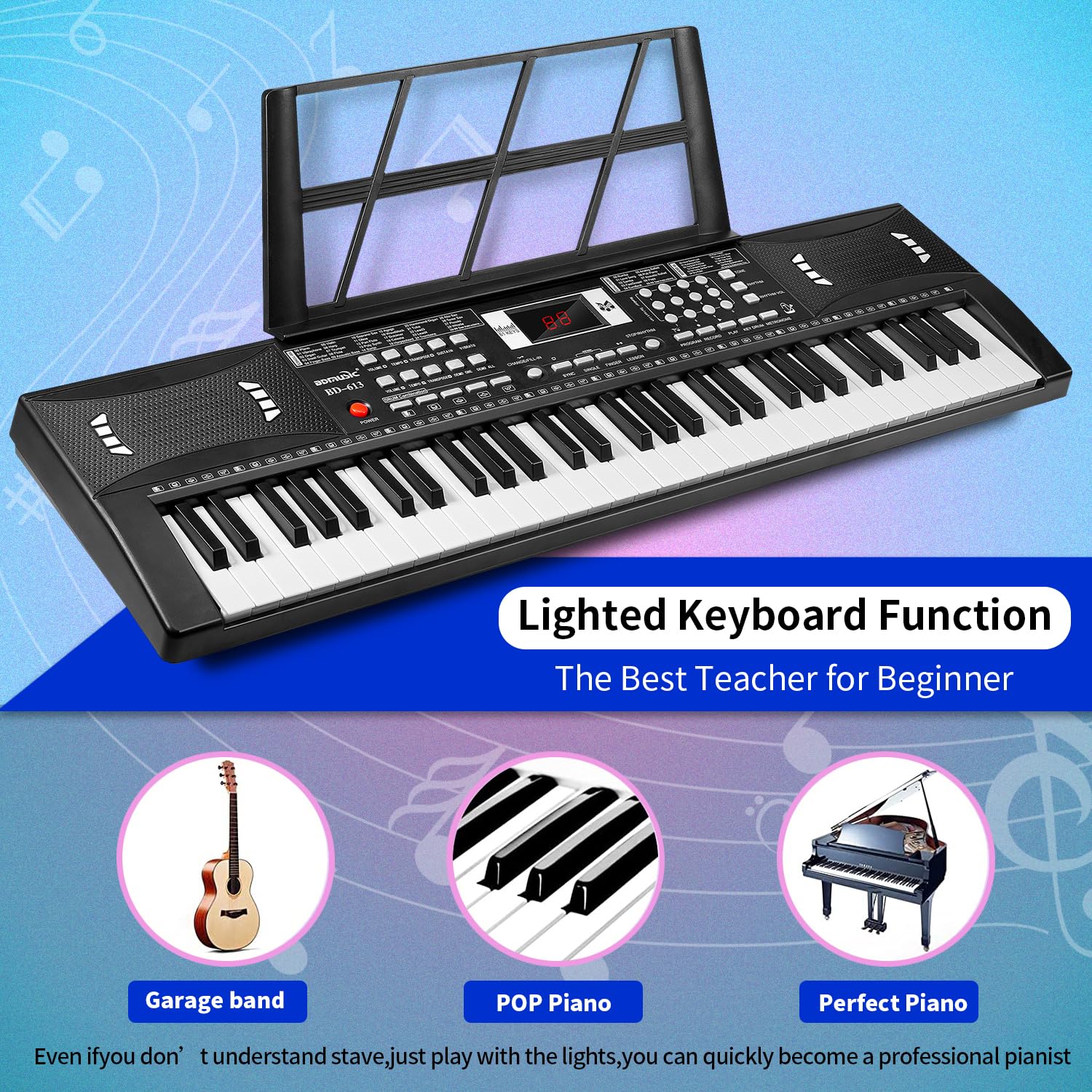 61 Keys Electronic Digital piano, Portable Keyboard Piano with Built-in Speaker and Microphone, Sheet Stand and Power Supply, Keyboard Piano Teaching Gift for Beginners Eelectric