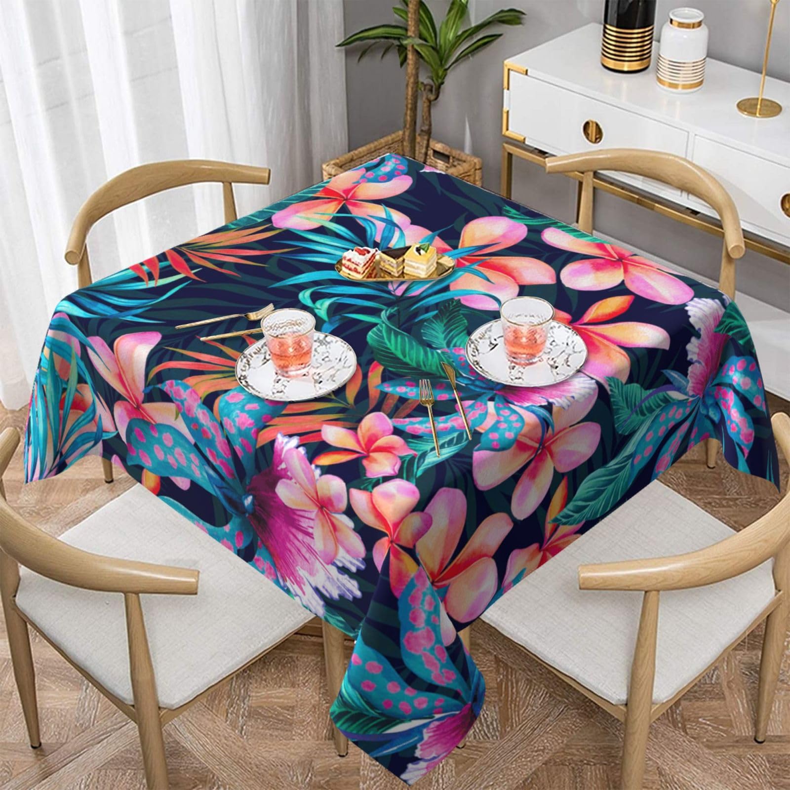 DCEHGEW Tropical Floral Leaves Prints Square Tablecloth 152x152 CM, Waterproof Fabric Table Cloth for Dining Table, Farmhouse Table Cover for Kitchen Dining Tabletop Decoration