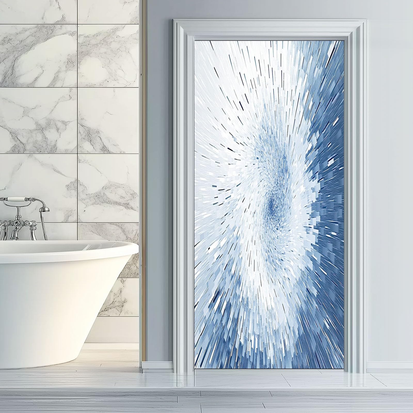 Naklejka na drzwi 3D, samoprzylepna, PCW, 90 x 200 cm, zdejmowana, niebieska, wodoszczelna, do sypialni, kuchni, łazienki, biura, tapeta na drzwi - abstrakcyjna geometria fragment pasków, motyw do