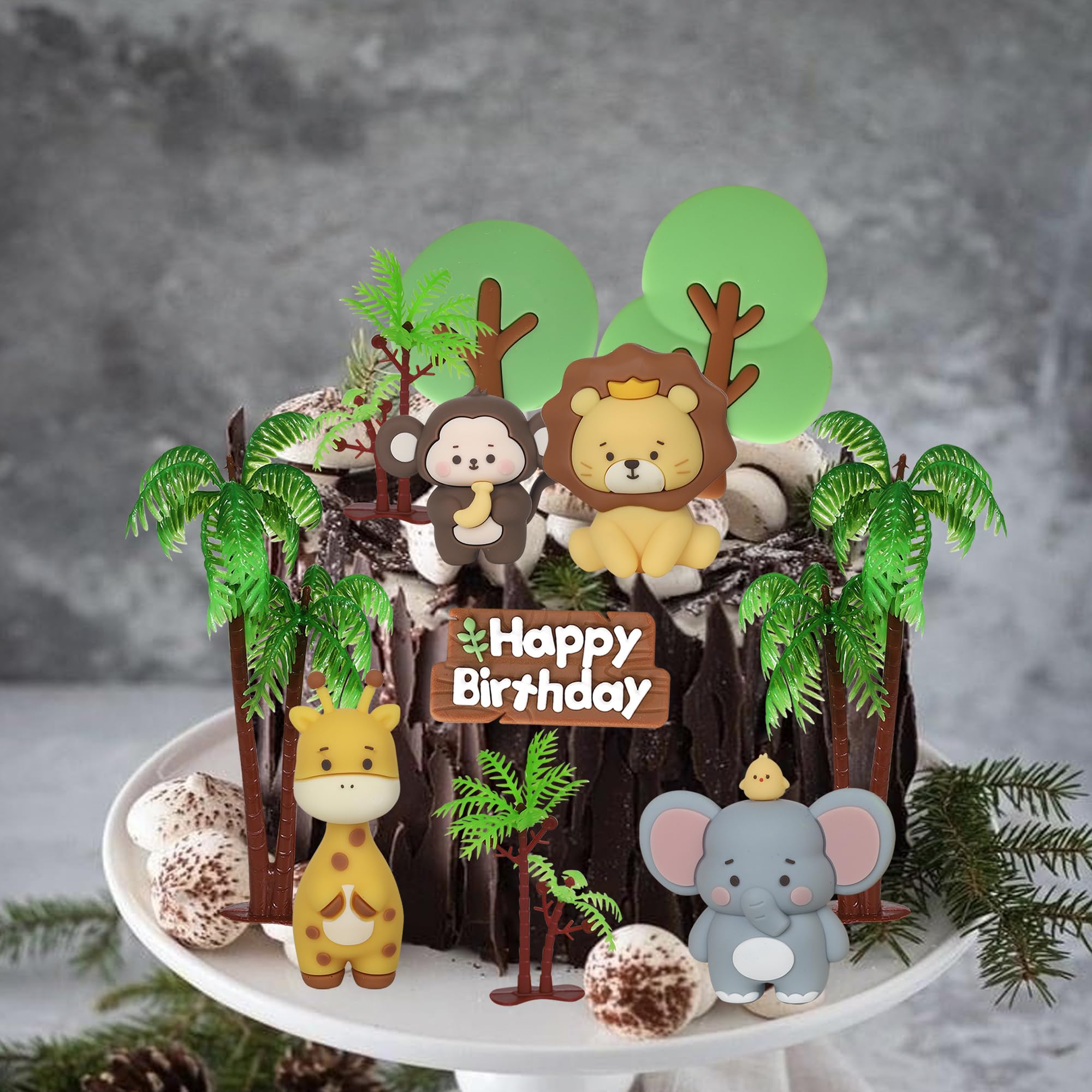 Lot De 25 Décorations De Gâteau D'animaux De Safari Avec Boules Vertes Et Feuilles Pour Anniversaire Ou Fête Prénatale