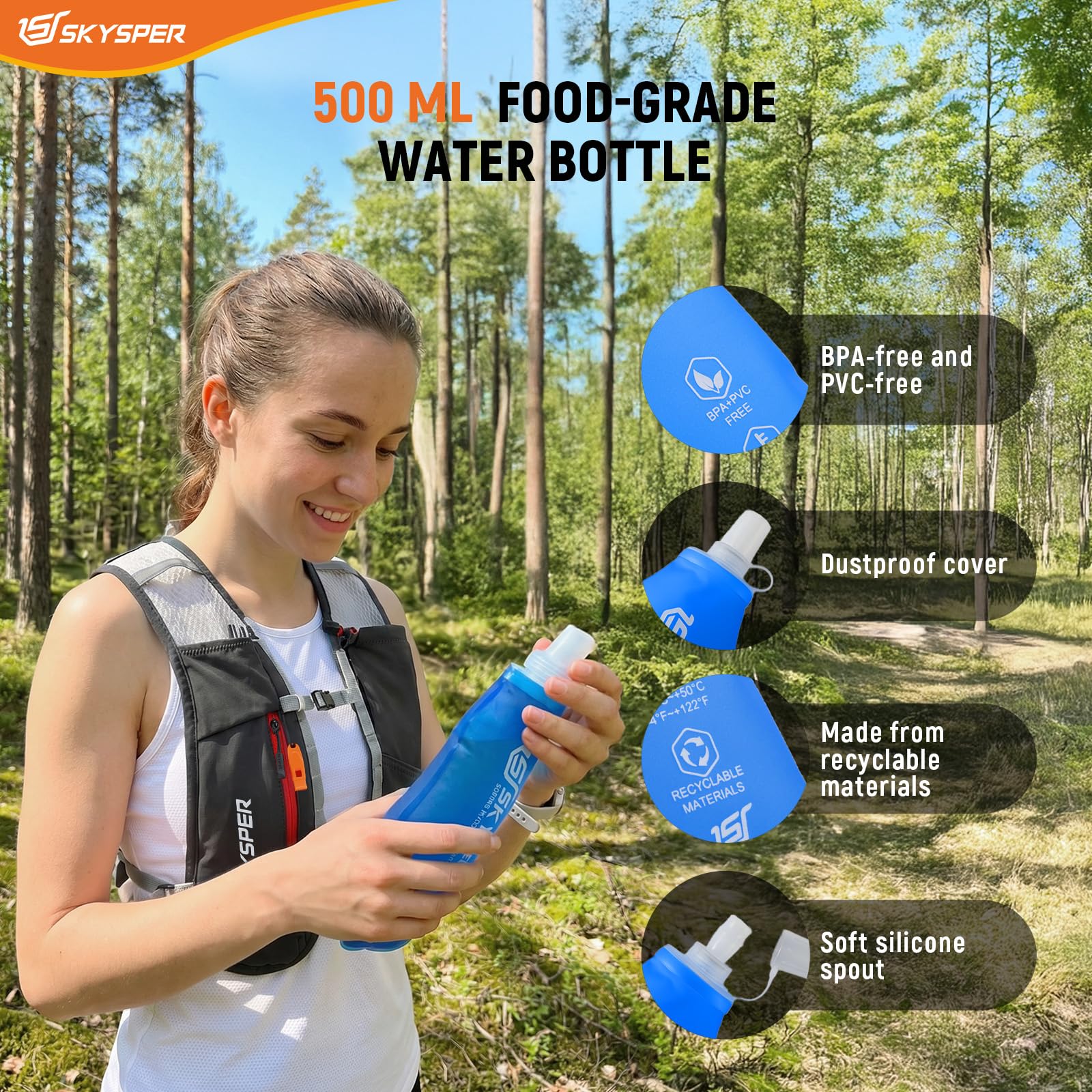 SKYSPER Gilet Hydratation Running 5L, Sac Trail avec Bouteille Souple 500ml pour Course à Pied Marathon Trail Randonnée Femme Homme