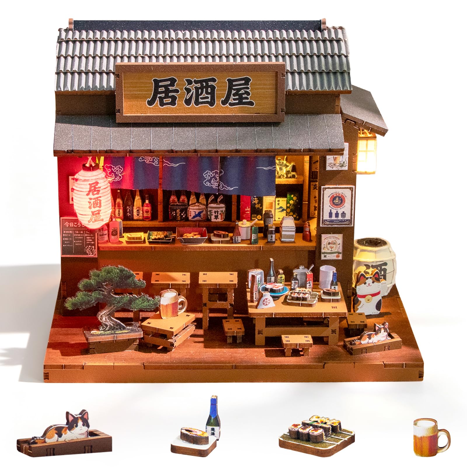 Cuteefun Japanese Izakaya Miniature House Kit, Dollhouse with LED Light