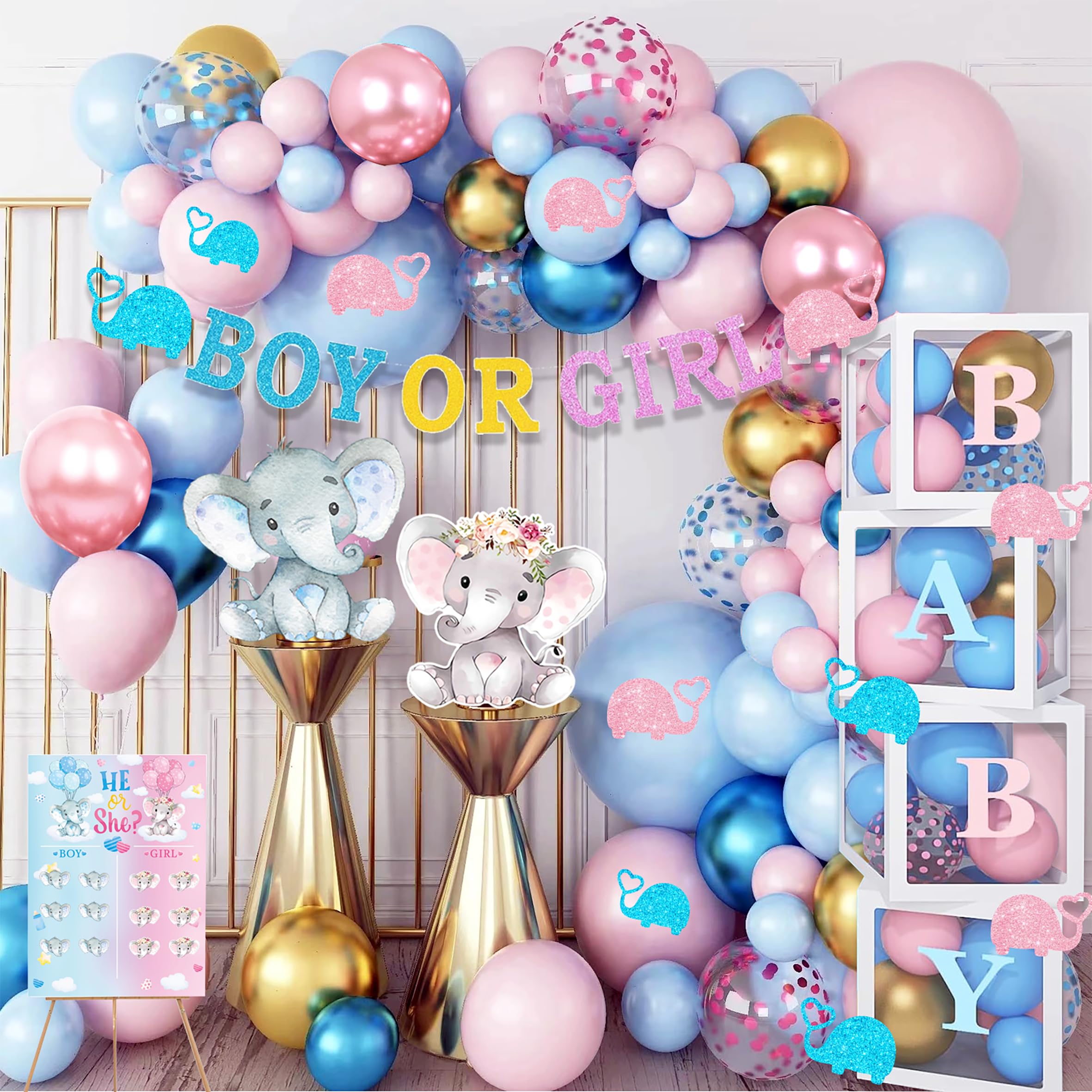 Birhgt 164pcs Gender Reveal Decorations, Gender Reveal Supplies Kit, Baby Boxes Gender Reveal Balloon Decorations Kit, Pink and Blue Elephant Gender