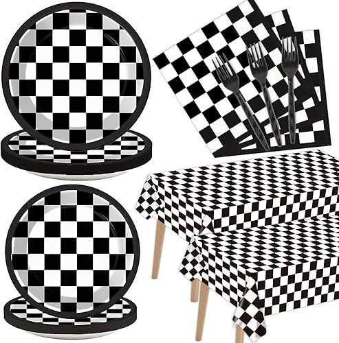 98 piezas de suministros para fiestas de carreras a cuadros en blanco y negro, juego de vajilla para fiestas de autos de carreras, decoración de