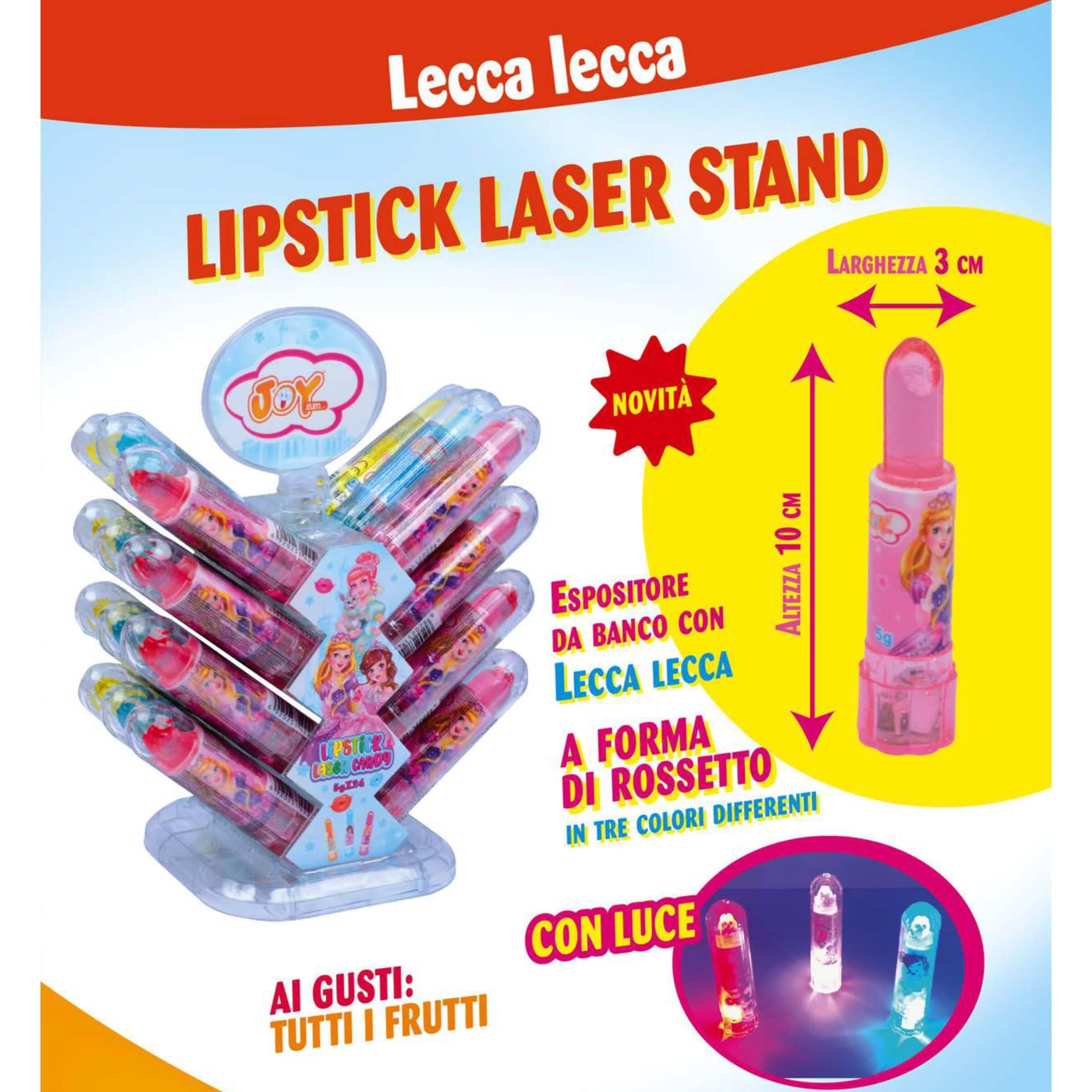 Joygum Lipstick Laser Lecca Lecca a Forma di Rossetto 5,9g con Luce Lampeggiante (24PZ)