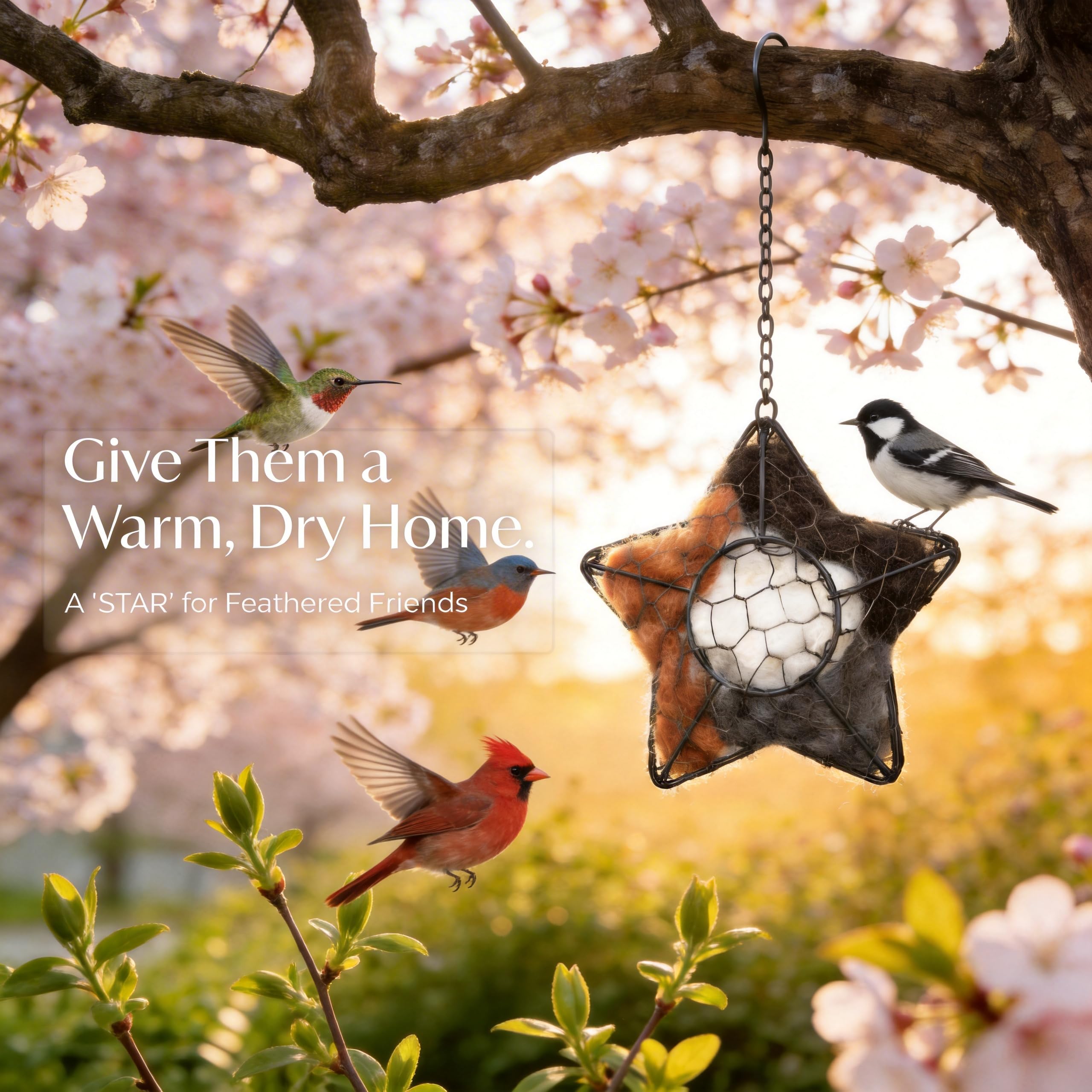 Star Bird Nesting Material Holder, Alpaca Fiber Bird Nesting Material Hanger for Hummingbirds, Refillable Nesting Dispenser – 7.5x6.7in, Handmade Garden Decor, Winter Spring Shelter - 2