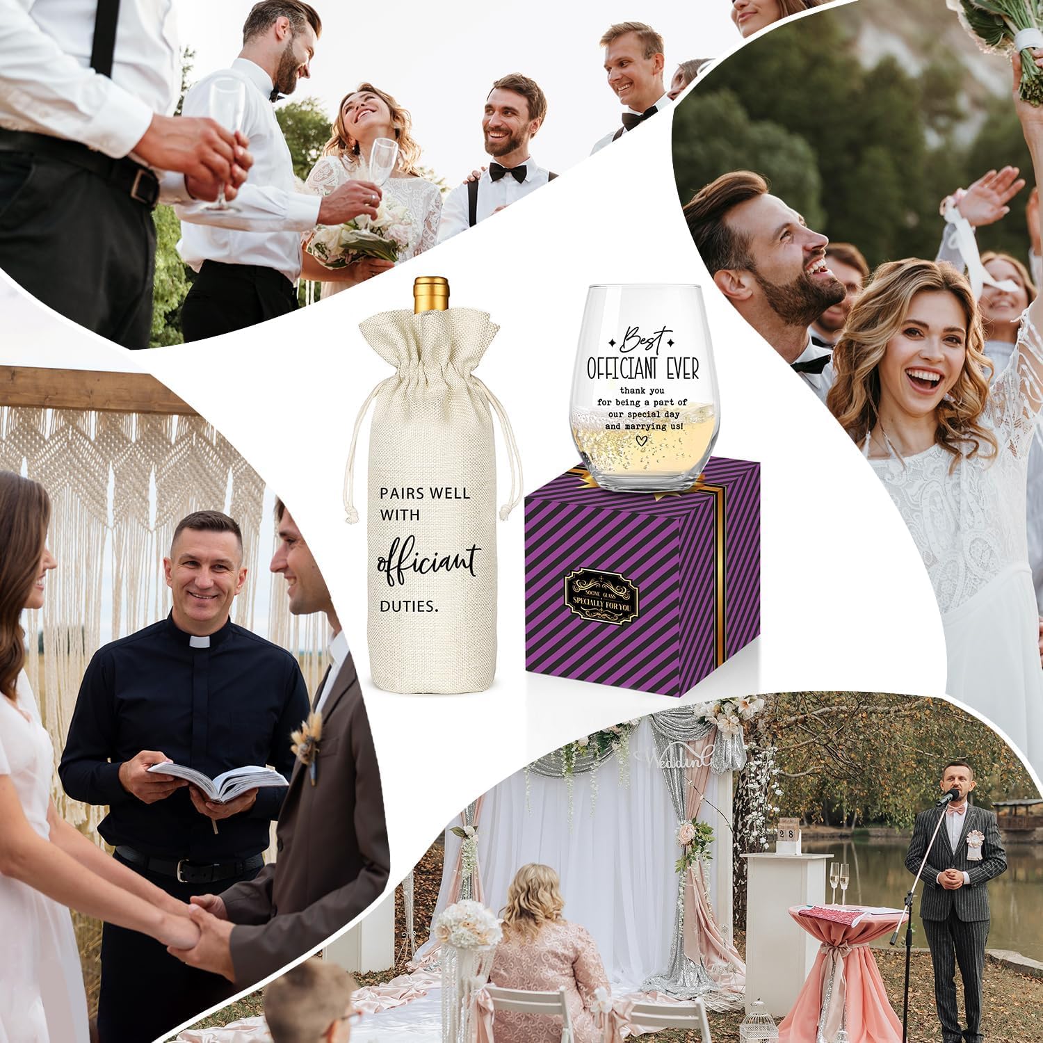 Wedding Officiant Gifts Wine Bag, Best Officiant Ever Gifts from Couple, Bride Groom Thank You Wedding Gift, Funny Wine Glass and Wine Bag Set(Officiant-Beige)