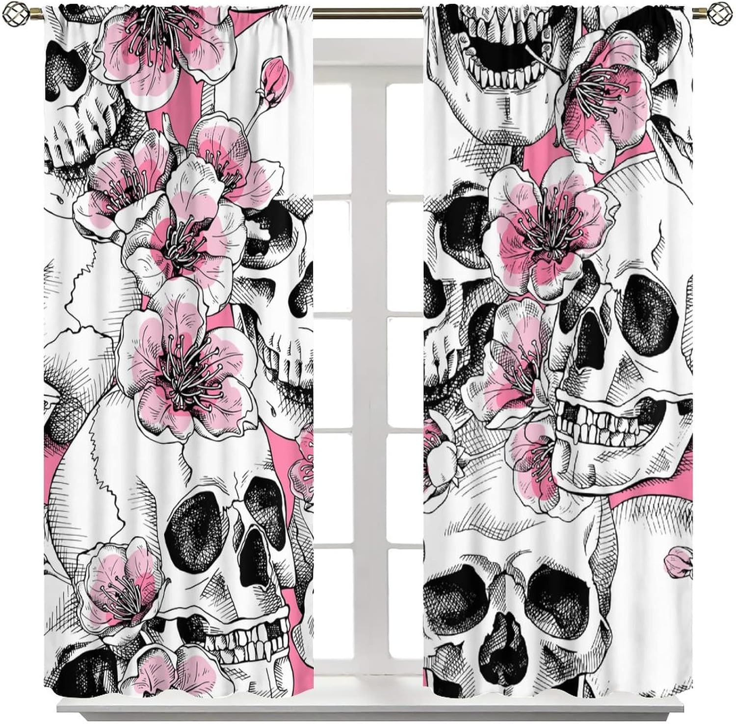 Floral Sugar Skull Blackout Curtains Skeleton Pink Floral Scary and Stylish Skull Print Home Decor Bedroom Living Room Kitchen Rod Pocket Window Drapes42x54in