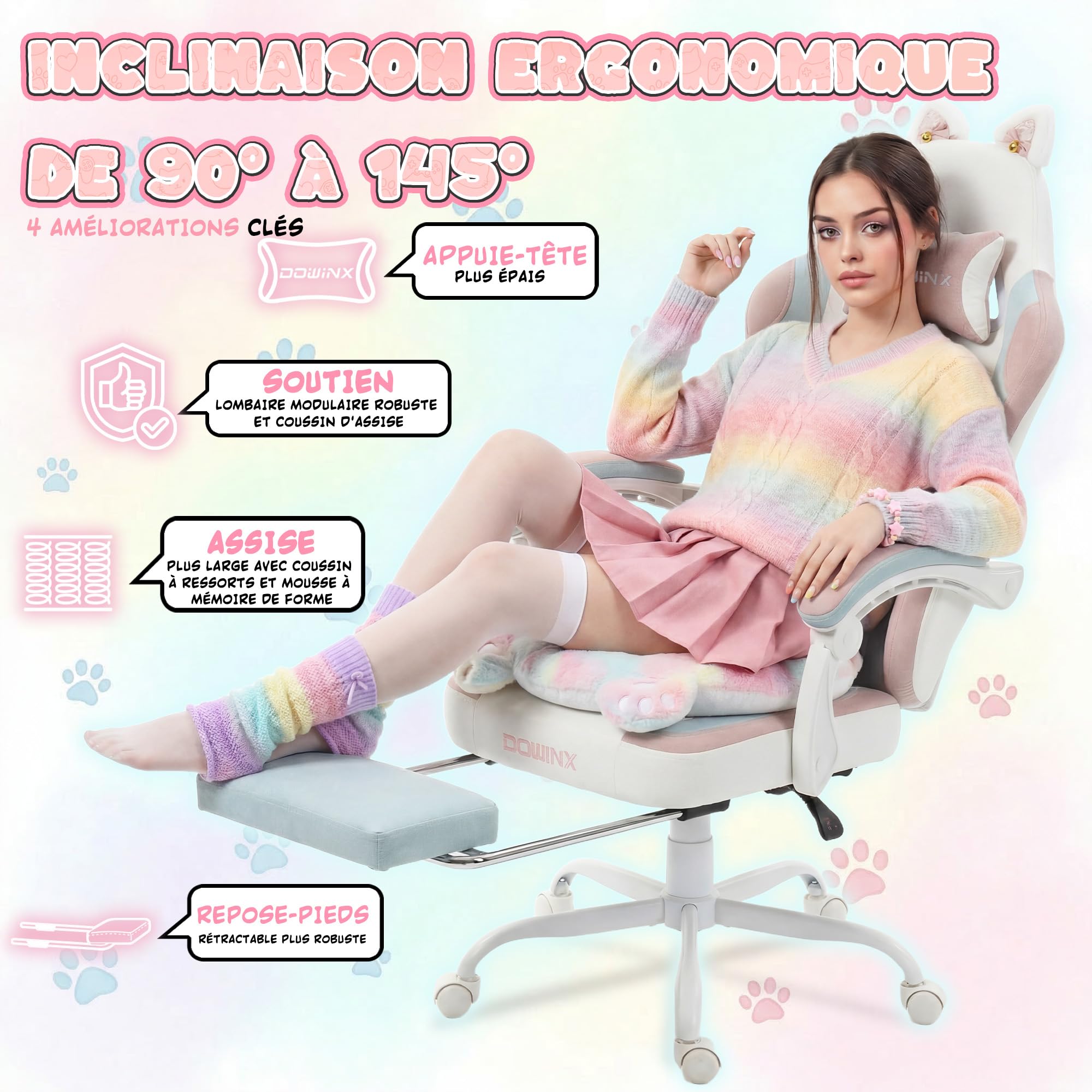 Dowinx Chaise de Gaming Ergonomique Multicolore et Blanc avec Repose-Pieds, Motif Pattes de Chat, en Tissu, Design d'assise sans Ailes, réglable, pour Adultes