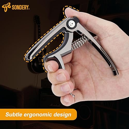 Miniatura 2 de Sondery Capo 4 en 1 Guitarra Cejilla Cortador de cuerda Tirador de pasador de puente Soporte para púas de guitarra con 5 púas de guitarra y bolsa de
