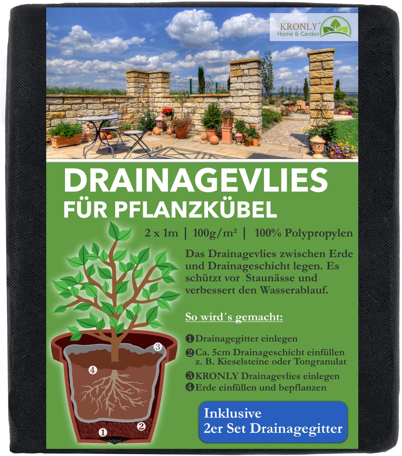 KRONLY Vlies fr Blumentpfe 2m x 1m + Drainagegitter 2 Stck verhindert  Staunsse 50g/m Unkrautvlies Blumenkbel : Amazon.de: Garten