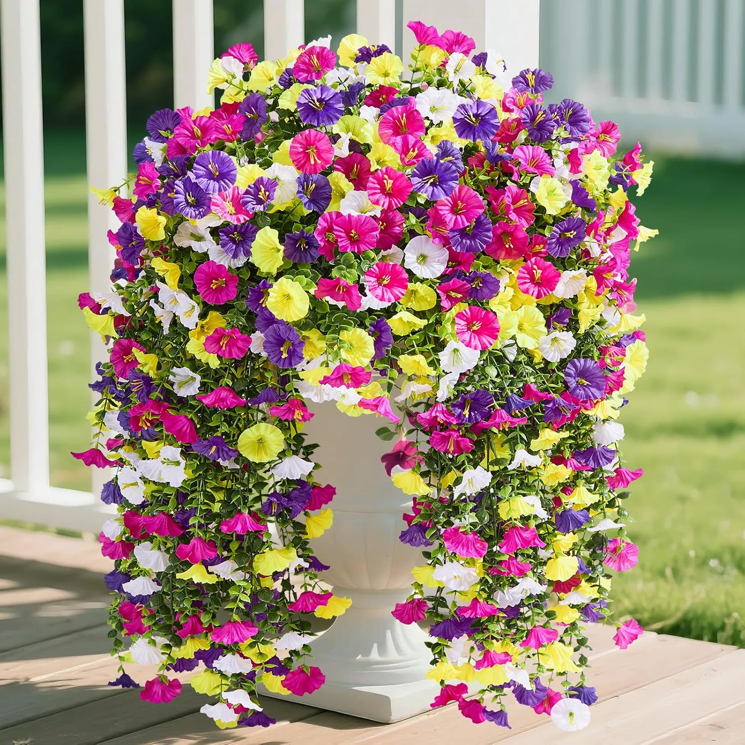 Serwalin Artificial Hanging Flowers for Outdoors UV Resistant, 4PCS Faux Morning Glory Fake Outdoor Flowers Realistic Silk Flower Plants for Outside Planter Front Door Porch Patio Yard Decor