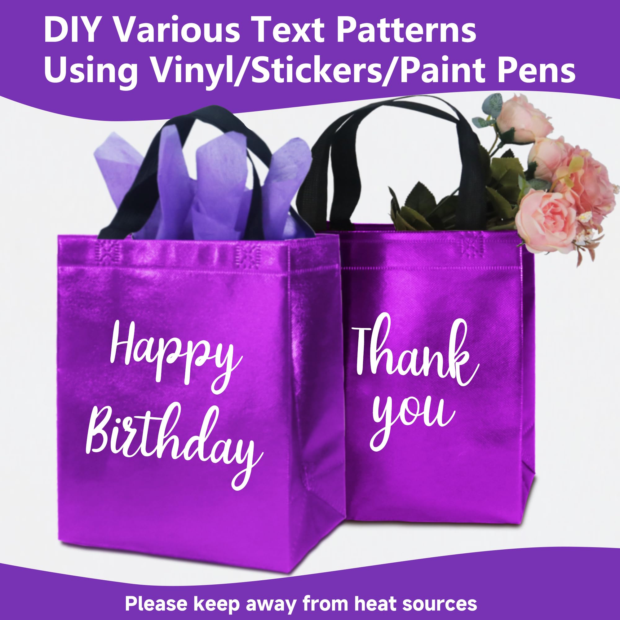 12 Purple Gift Bags with Tissues - Medium Sturdy Reusable Metallic Non-Woven 8x4x10 for Easter, Mother's Day, Graduations, Weddings & Birthdays