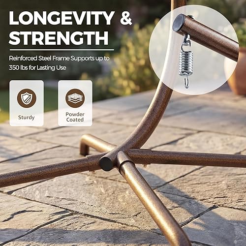 Miniatura 7 de NICESOUL Acogedora silla colgante con soporte para interiores y exteriores, silla columpio de mimbre para patio con cojín y patas doradas, 350