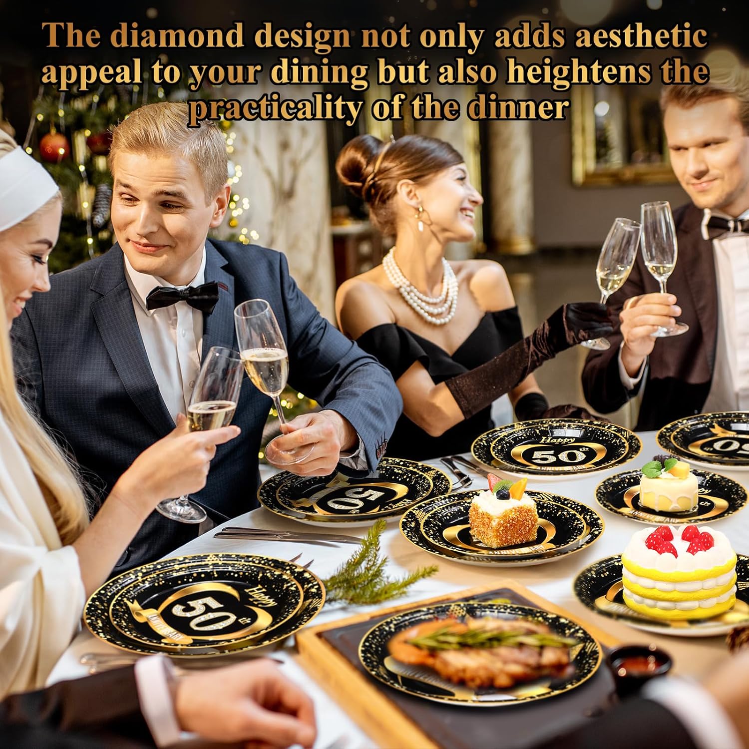 Pickmesh 400 Pcs 50th Wedding Anniversary Party Supplies - Black and Gold Disposable Paper Plates, Napkins and Cups - Tableware Decorations for Men and Women