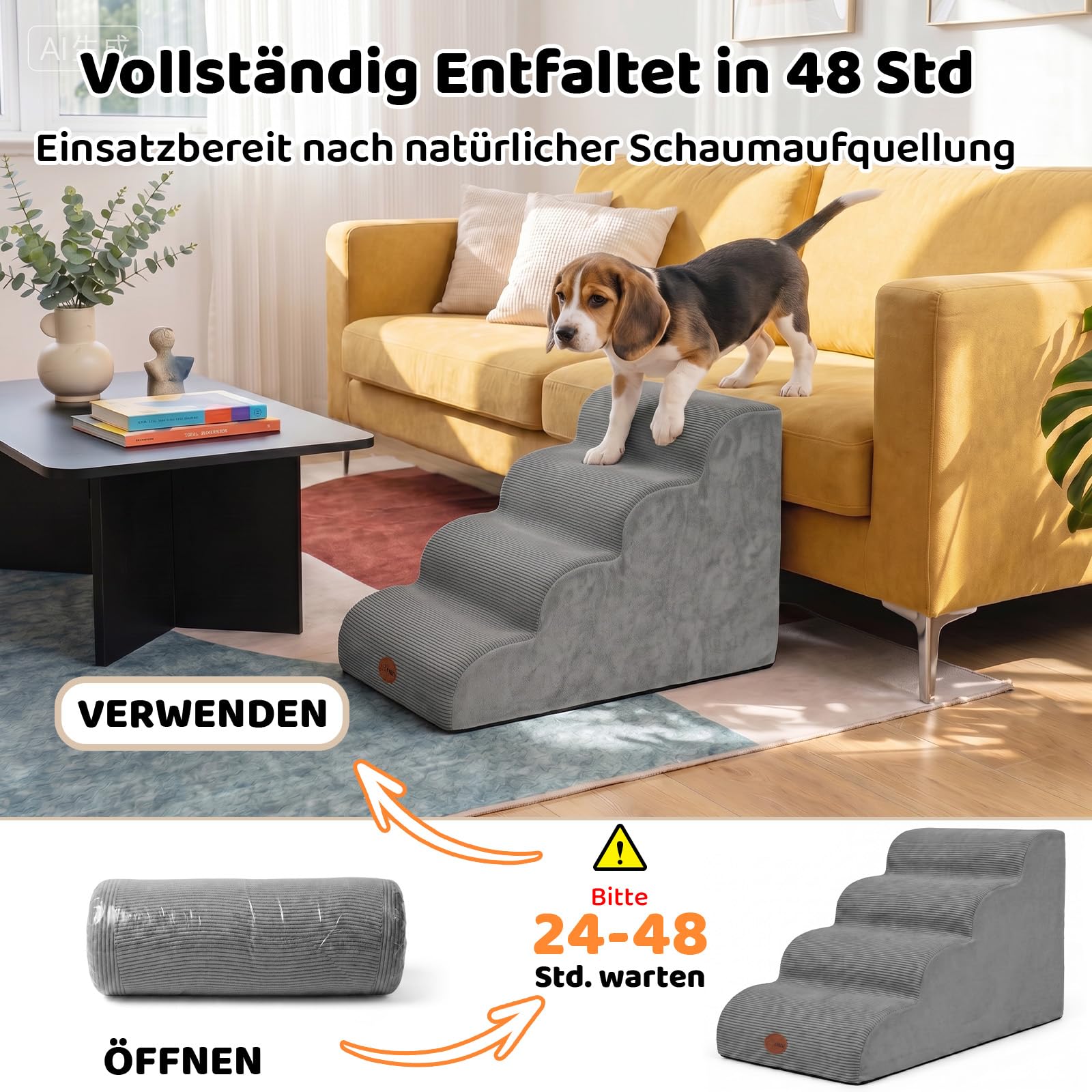 X XBEN Escaliers pour Chiens Petits, Âgés et Blessés, Marches pour Animaux | Mousse Haute Densité 33D, Pente Douce, Housse Lavable, Adhérence, Antidérapant, pour Lit et Canapé, 4 Marches, 50 CM