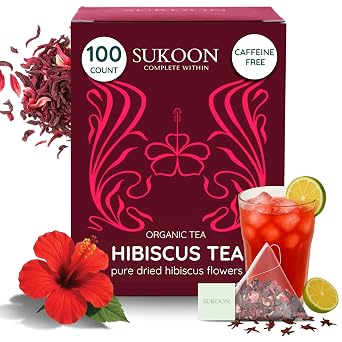 Sukoon, Hibiscus Tea Organic - 100 Tea Bags 2g each - Sweet & Tart - Contains only Dried Organic Hibiscus Flowers loose leaf - flor de jamaica organica natural, herbal tea in plastic free tea bags