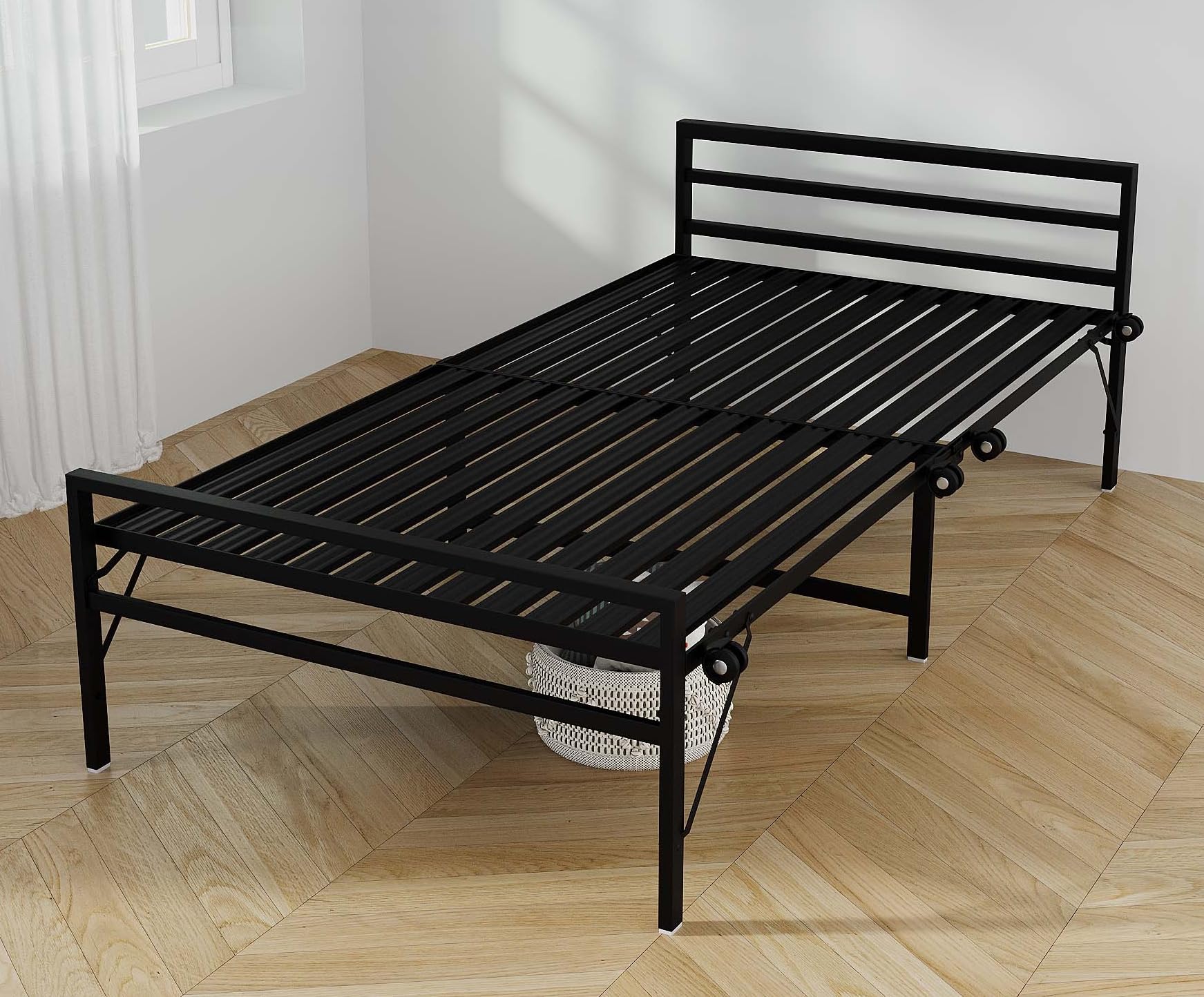 SAHNI PORTABLE FURNITURE Heavy Duty Iron/Metal Folding Bed with Wheels for Sleeping,Powder Coated Black Steel Frame (Single XL 6Ft X 3Ft)-picture-14