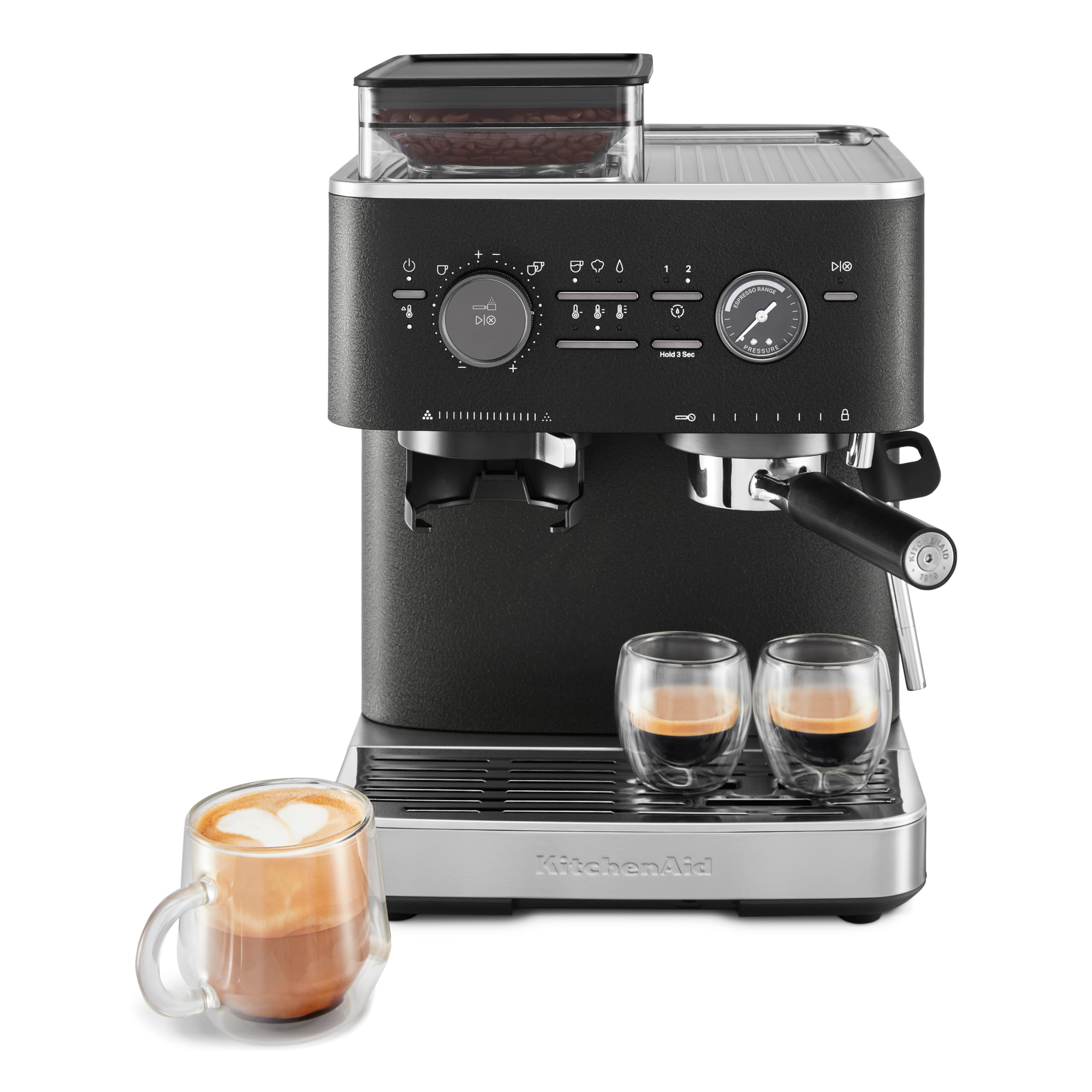 KitchenAid Machine a Café Grain - Machine à expresso semi-automatique - Machine Expresso et Cappuccino avec broyeur à café conique intégré - pot à lait 355 ml - Truffe noire