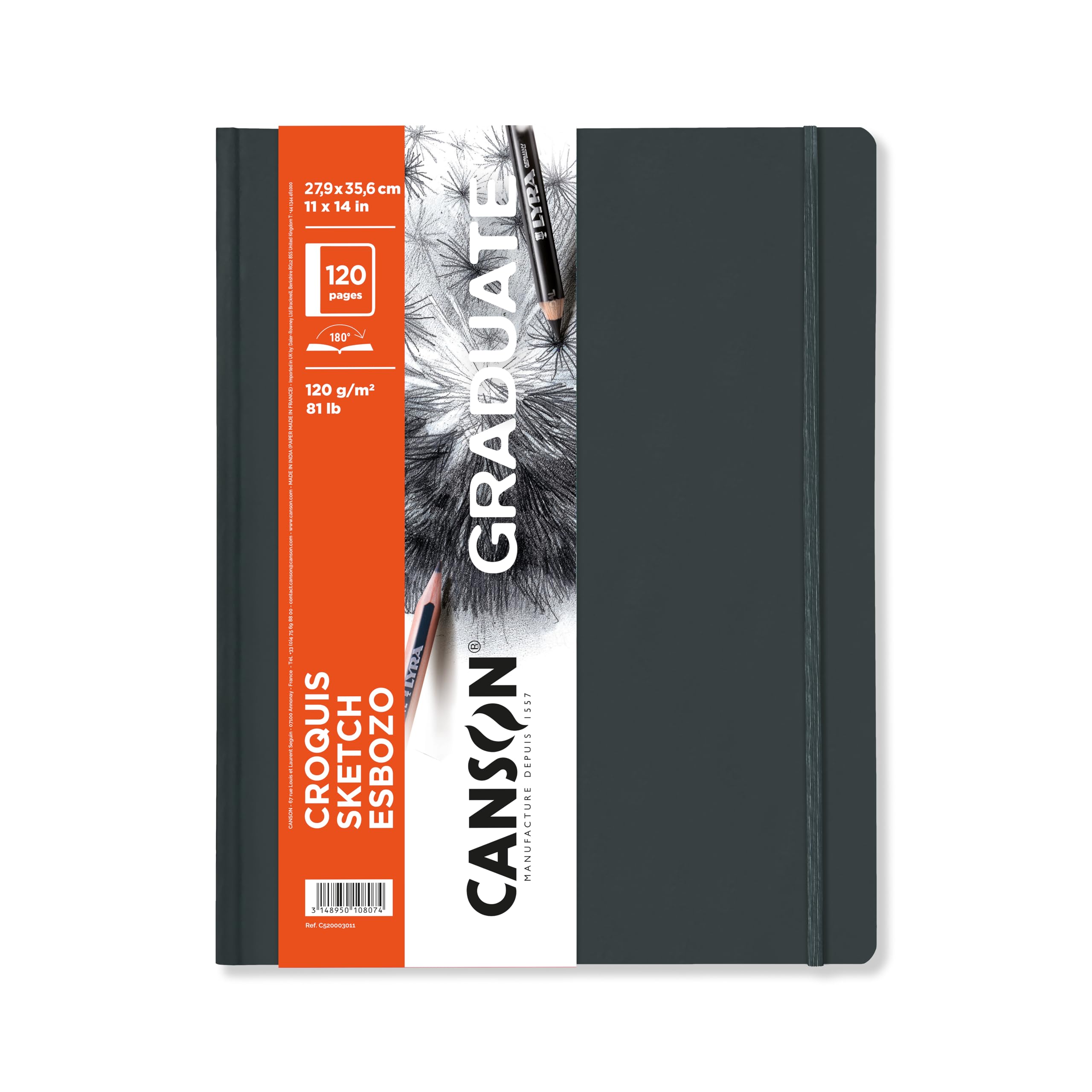 CANSON Graduate Hardbound Sketch Book, 120gsm 27.9 x 35.6cm, Light Grain Paper, 52 White Sheets, for Artist Students