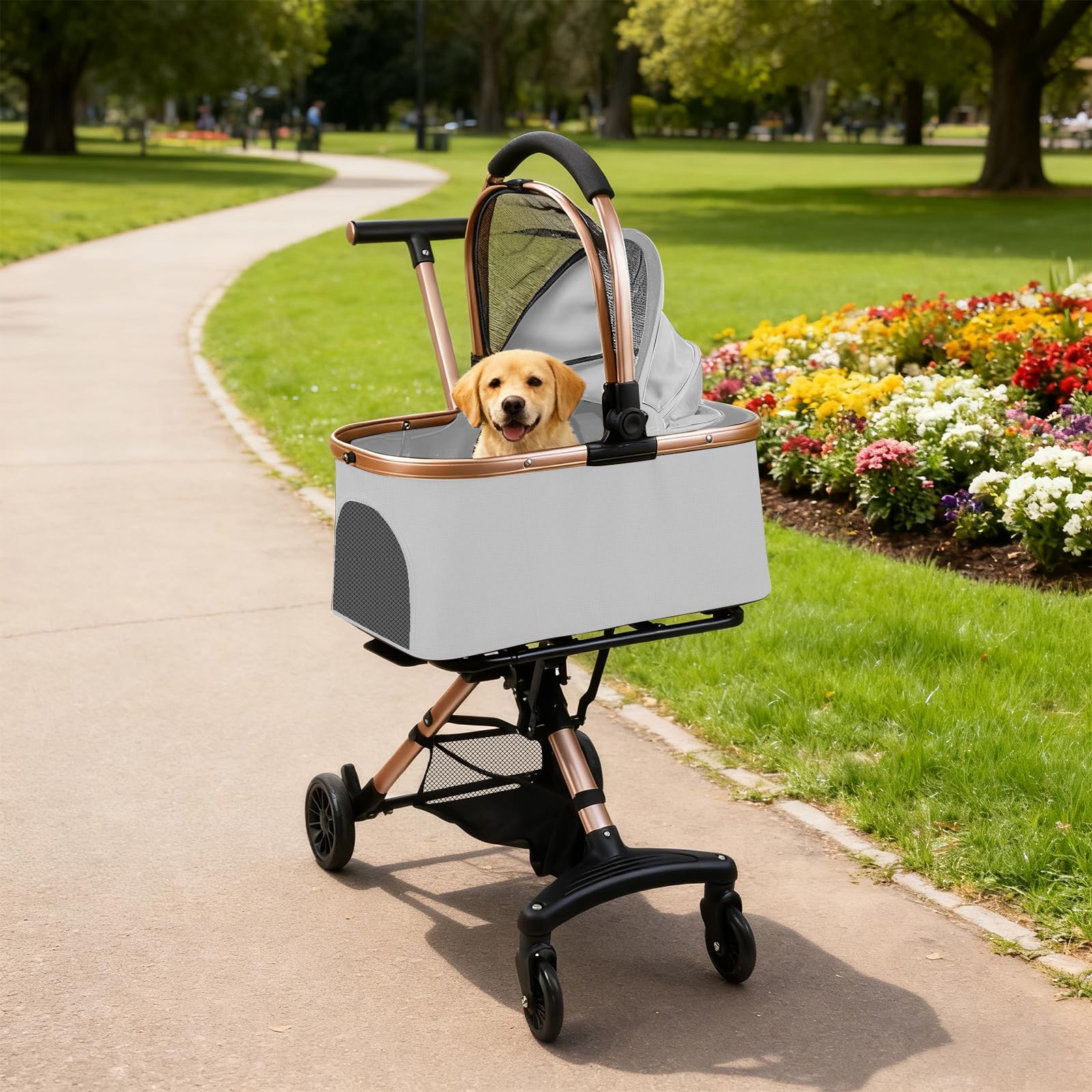 Poussette Chien 3 en1,Chariot Chien Pliable,Jusqu'à 15 kg, Poussette Chat avec Roues avec Freins,Fenêtre en Maille,Poche de Rangement et Poignée Réglable,Les Petits Chiens et Chats (gris)