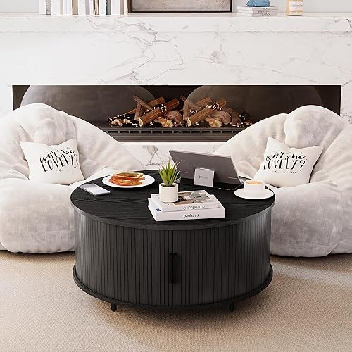 Miniatura 7 de COSIEST Mesa auxiliar redonda con almacenamiento, mesa de centro negra moderna de 31.5 pulgadas con puerta corredera de 360, mesa central de madera