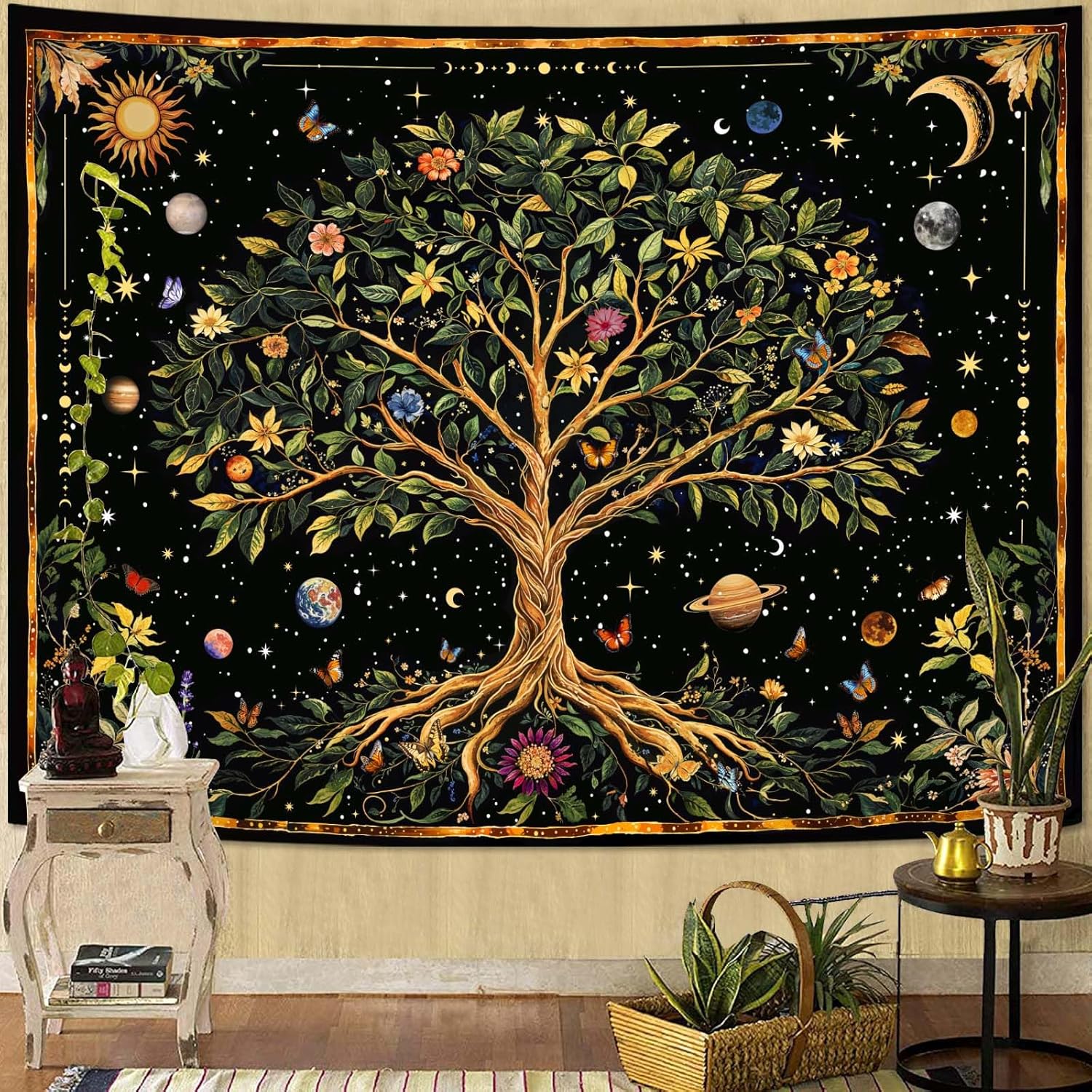 Lifeella Vintage Tree of Life Tapestry, Nature Aesthetic Sun and Moon Wall Art, Mystic Botanical Boho Room Decor for Living Room Bedroom Home, 60x80 inches