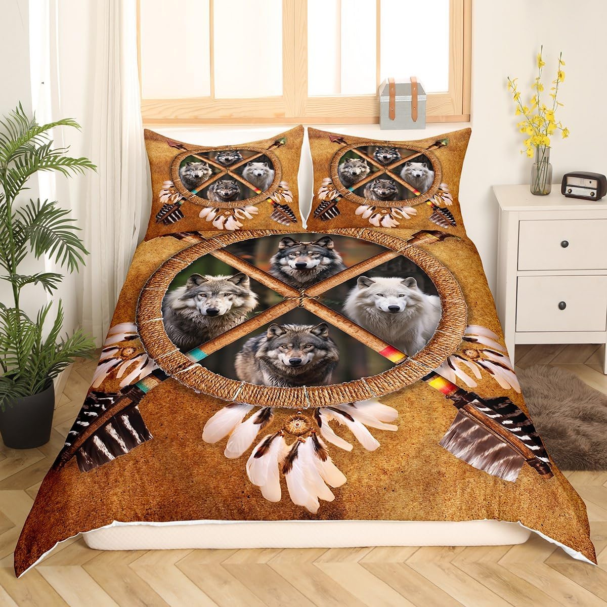 Feelyou Wolf Bedding Set Twin Size Wild West Cowboy Comforter Cover Set for Kids Teens Adults Brown Duvet Cover Wildlife Bedspread Cover Room Decor 2Pcs with 1 Pillow Case