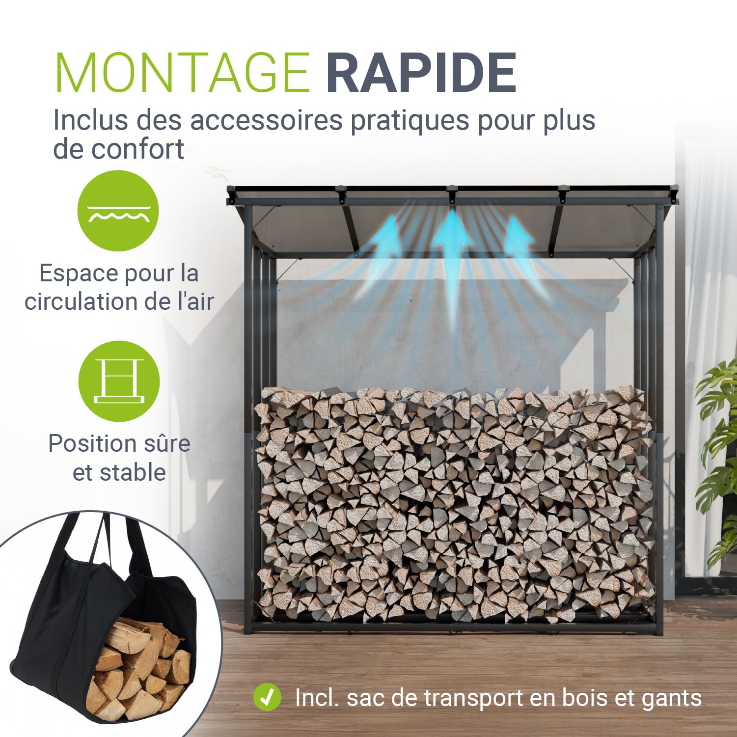 Juskys Range-bûches extérieur avec toit – étanche, bâche anti-UV, sol surélevé & montage facile, idéal pour stockage en extérieur