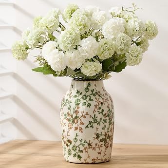 Green and Beige Antique Vase 7 Inch Chinoiserie Floral Pattern Rustic Ceramic Vase for Home Decor Living Room Bookcase Office Entryway Grand Millennial Decor Chinoiserie Decor