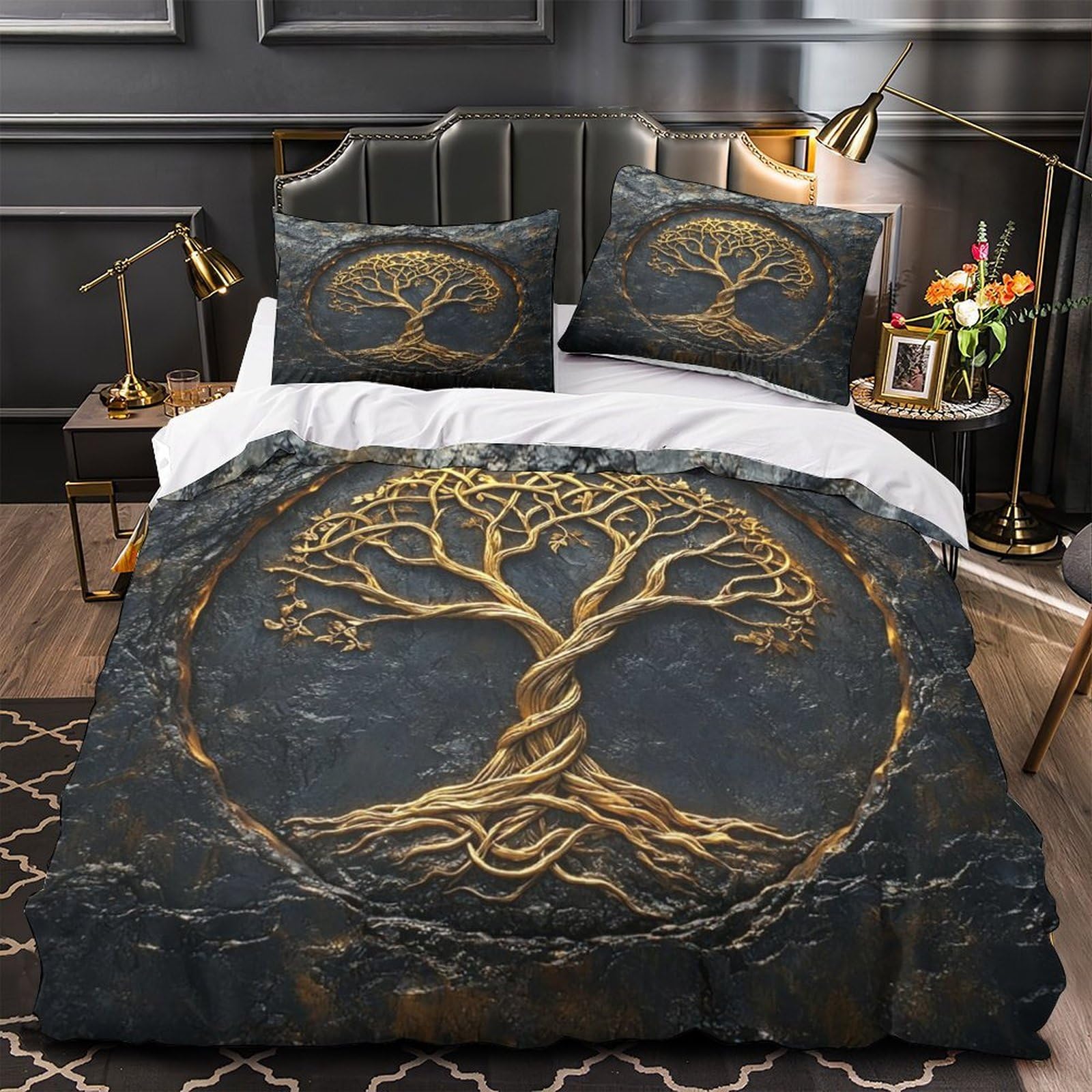 MMDASBVPE Golden Tree Duvet Cover 3D Design Printed Luxury 3 Pcs Bed Set Zipper Home Decor Mythical Comforter Cover Ultra Soft Breathable for Women Youth Teenagers Children Boys Single（140x200cm）