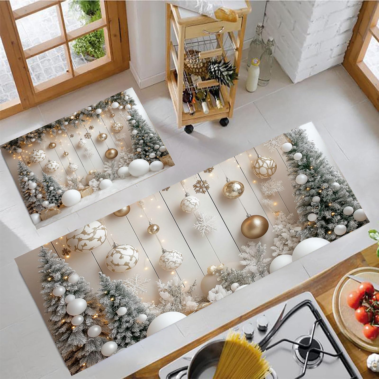 Set di 2 Tappeti da Cucina Sfondo Natalizio, Tappetini da Cucina Lavabili, Runner Antiscivolo Tema Del Festival Tappetino Assorbente per Ingresso, Beige,