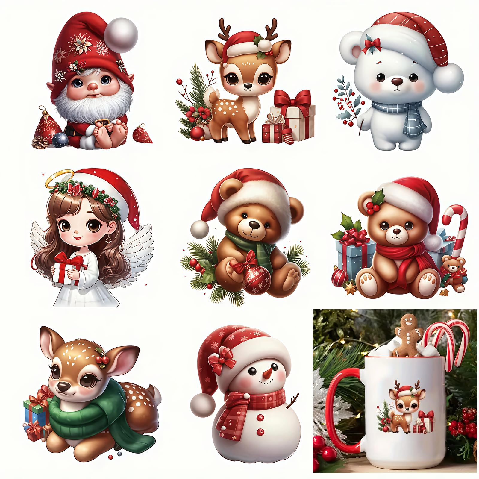 Yqtwlkjic Multicolor 8Pcs Merry Christmas Deer Bear Snowaman Uv Dtf Cup Wraps Transfer Waterproof Sticker For Glass Cups Furniture Craft Diy Crafts，Rub On Transfer Stickers For Diy Water Bottle Laptop Decal Wood Car
