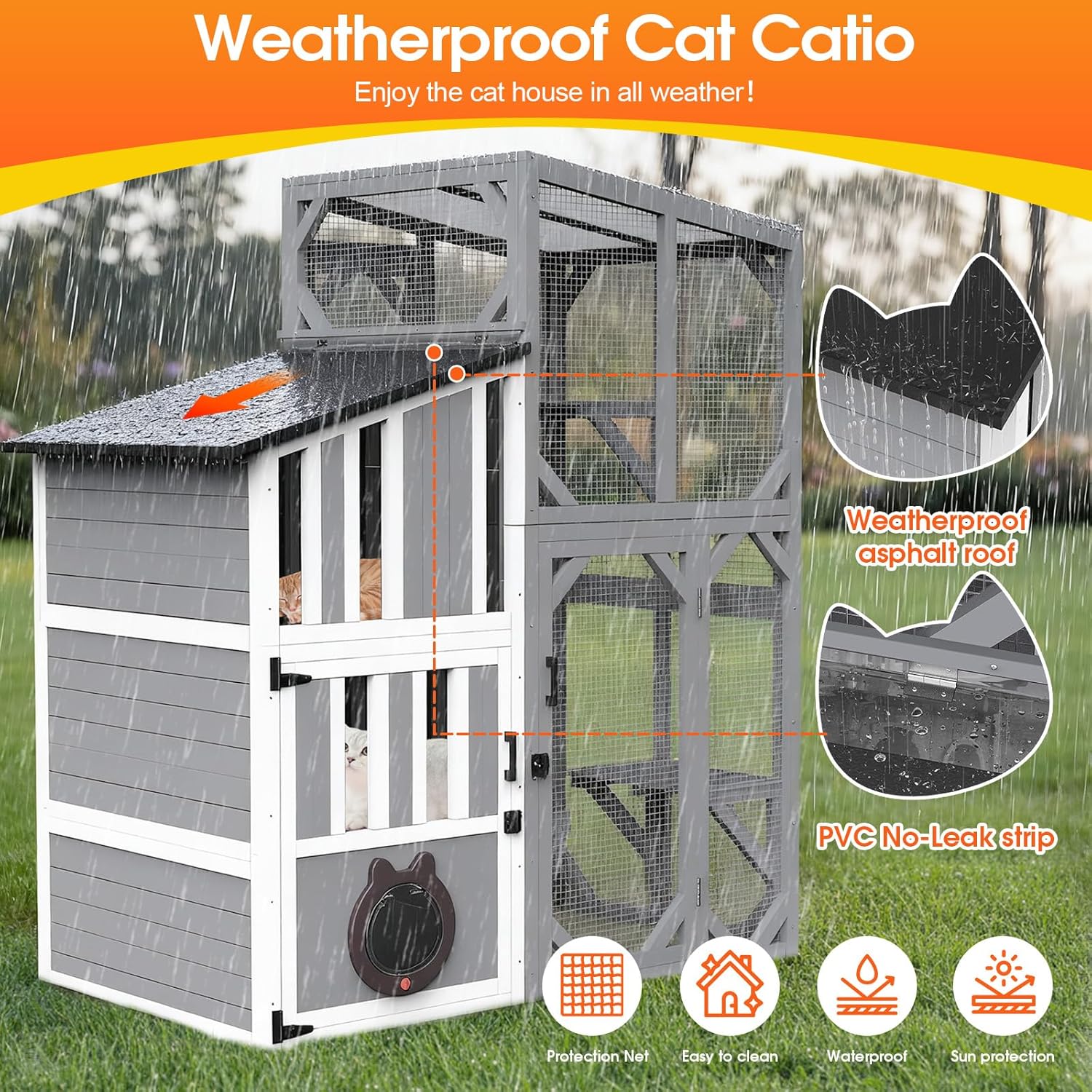 69"H Catio 3 Tiers Large Cat Enclosures House for Outdoor Indoor Use, Feral Cats Shelter with Window Access, Adjustable Two-way Access Hole, Weatherproof Roof, 3 Resting Rooms, 3 Platforms