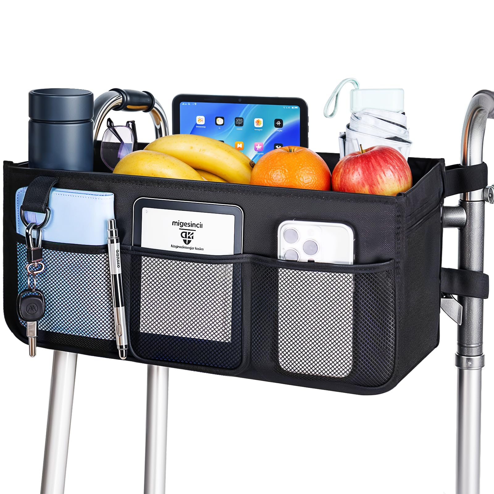 SPLAKS Walker Basket, Multi Pockets Walker Bag with Cup Holder for Universal Walkers, Large Capacity Walker Accessories, Ideal Gift for Seniors