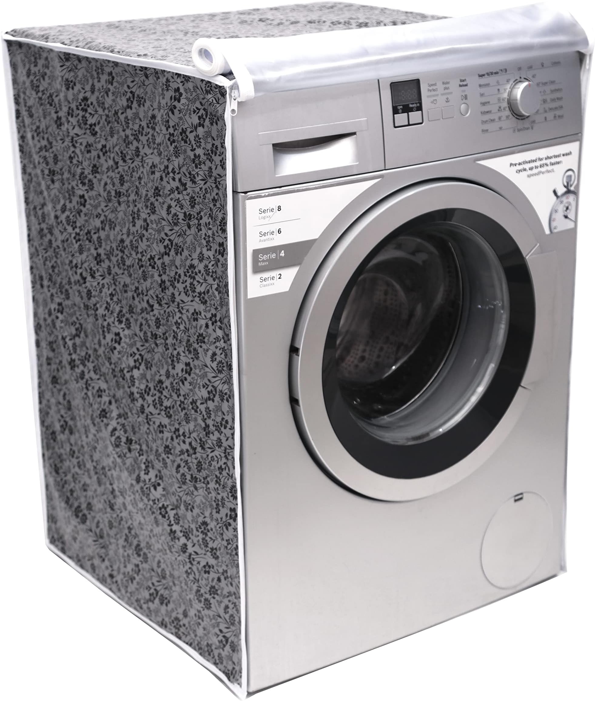 Fabric Front Load Washing Machine Cover Suitable for LG & Samsung 8.5 Kg, 9 Kg, 9.5Kg, 10 Kg, 10.5 Kg, 11 Kg, 11.5 Kg 12 Kg (72Cmsx63Cmsx81Cms) Grey and Black