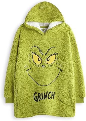 The Grinch Kids Wearable Blanket Hoodie | Childrens Hooded Fleece Pullover in Green with Grinch Character Face & Fur Hair