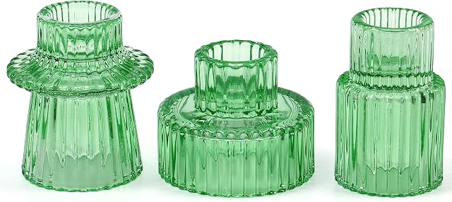 3 Piece Glass Candle Holder, Green Vintage Candlestick Holders For Decor/Weddings And Candle Stick Holders For Pillar Candles And Tapered Candles By Snapplent