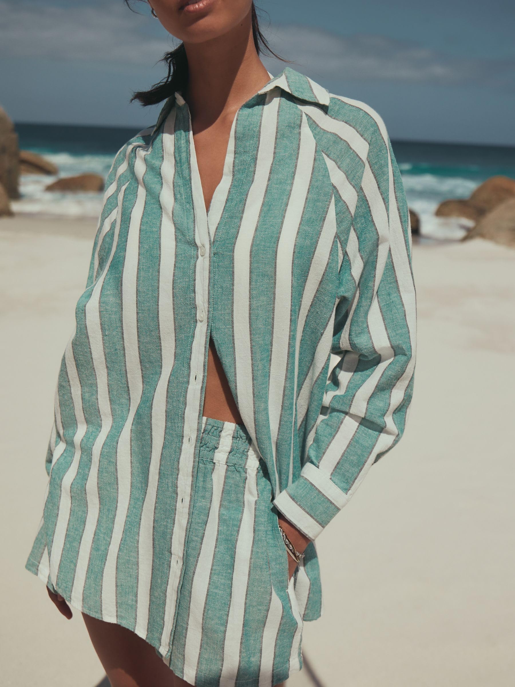 NEXT Donne Camicia Estiva con Lino | Adulto, Standard, Lavabile in lavatrice