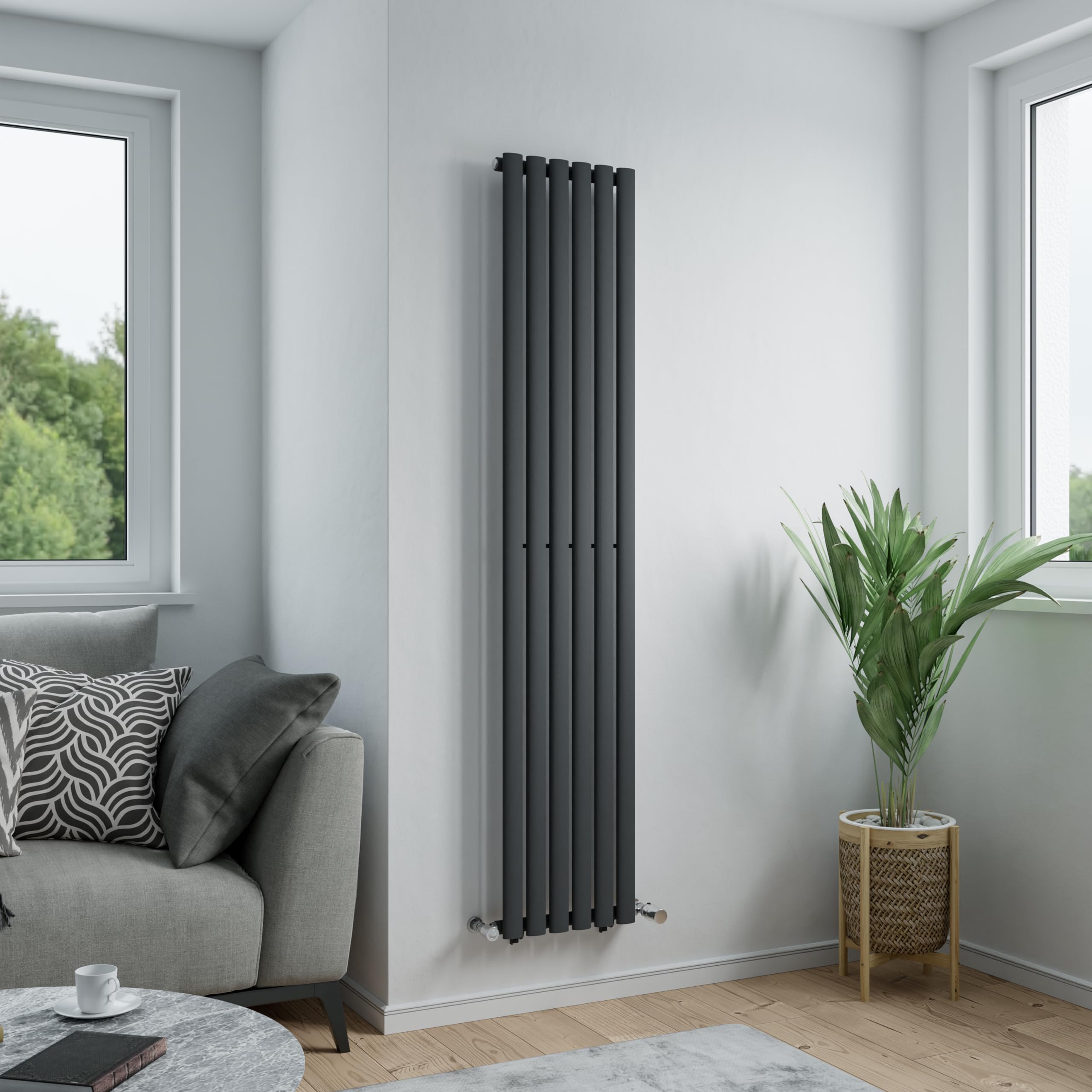 Azur Nero Designer Oval Tube Radiator 1800 X 360Mm 2505Btu Anthracite In Anthracite Structure Steel