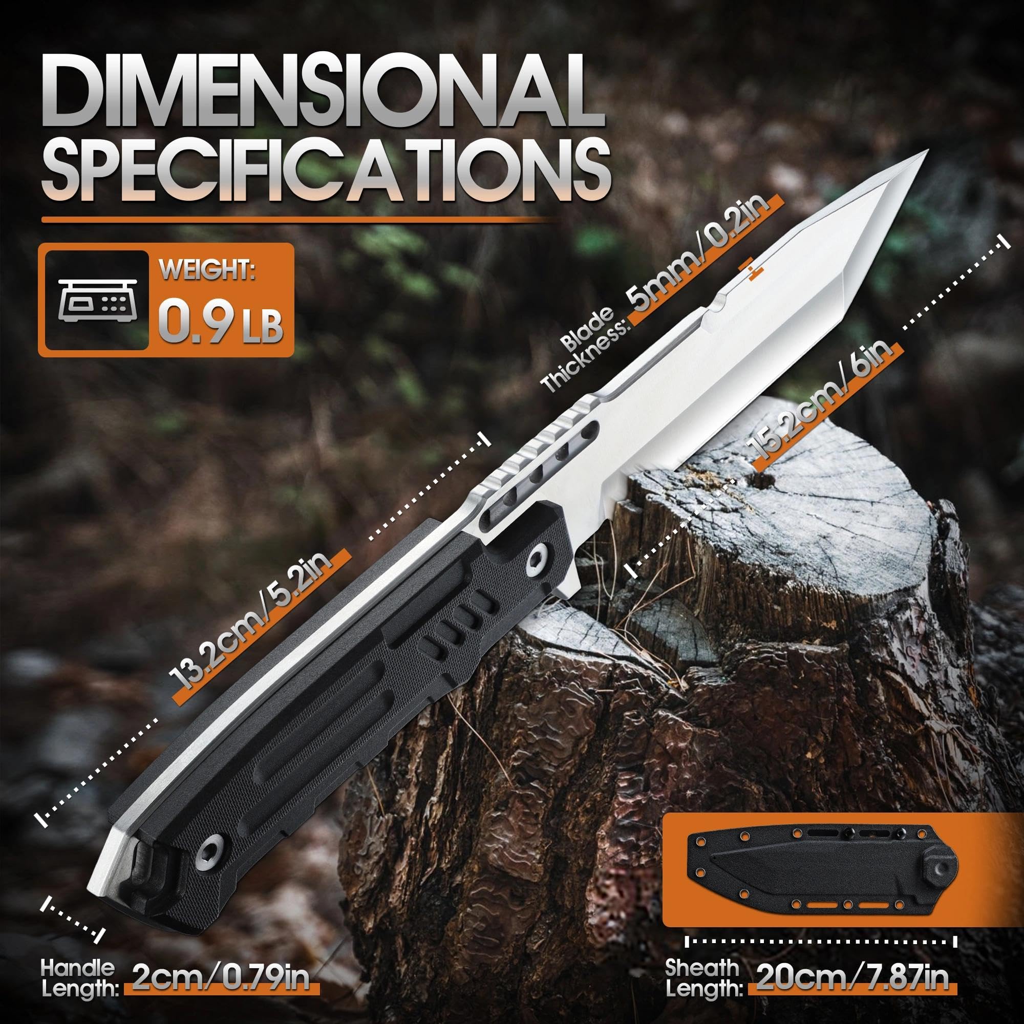 Dragon Creek Coltello Outdoor a Lama Fissa Full Tang, Impugnatura Ergonomica Antiscivolo, Fodero in Kydex Regolabile, Coltello da Campeggio per Escursionismo e Attività Outdoor(Argentato)