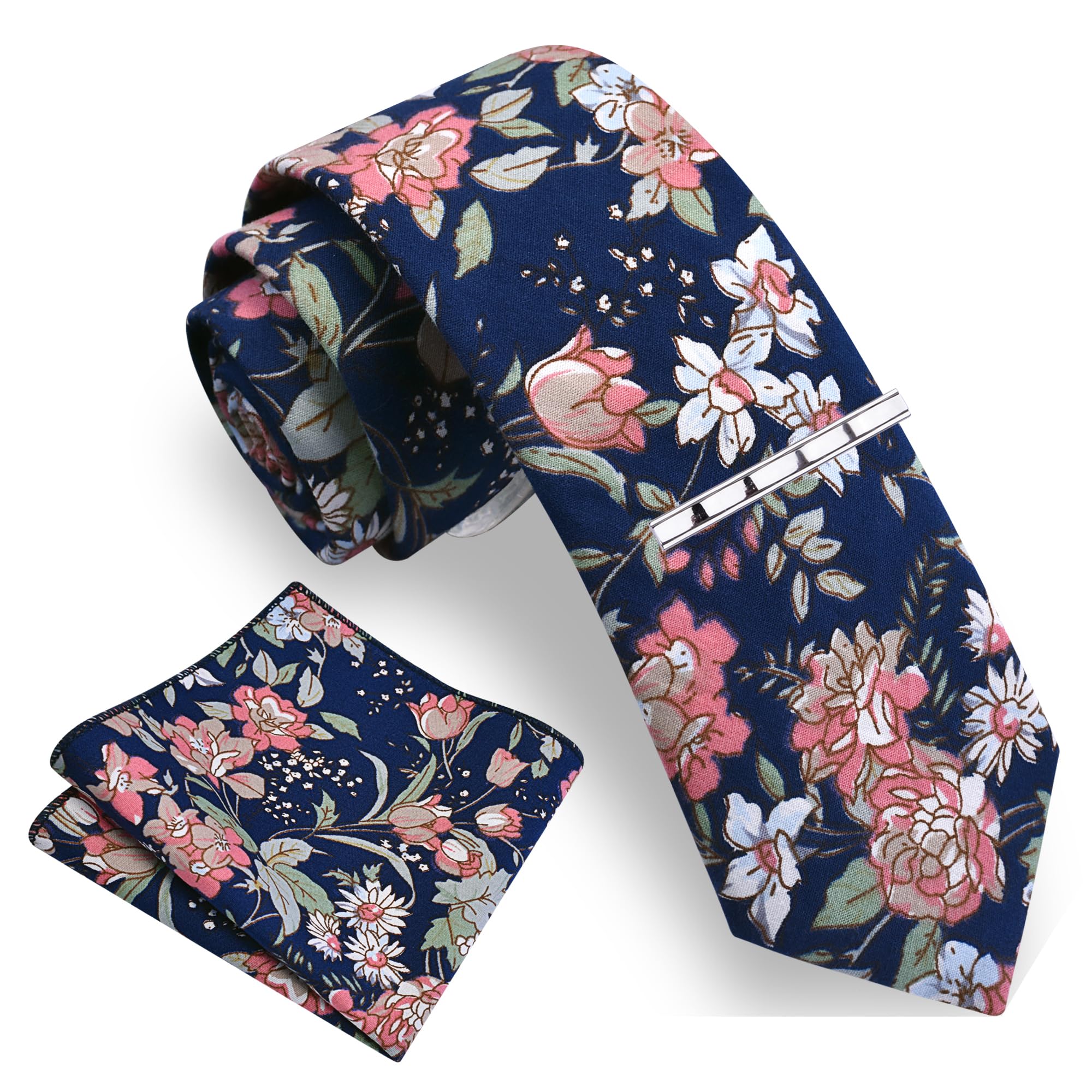GuslesonFashion 2.4"（6cm） Cotton Flora Printed Necktie Tie Clip and Pocket Square Sets + Gift Box