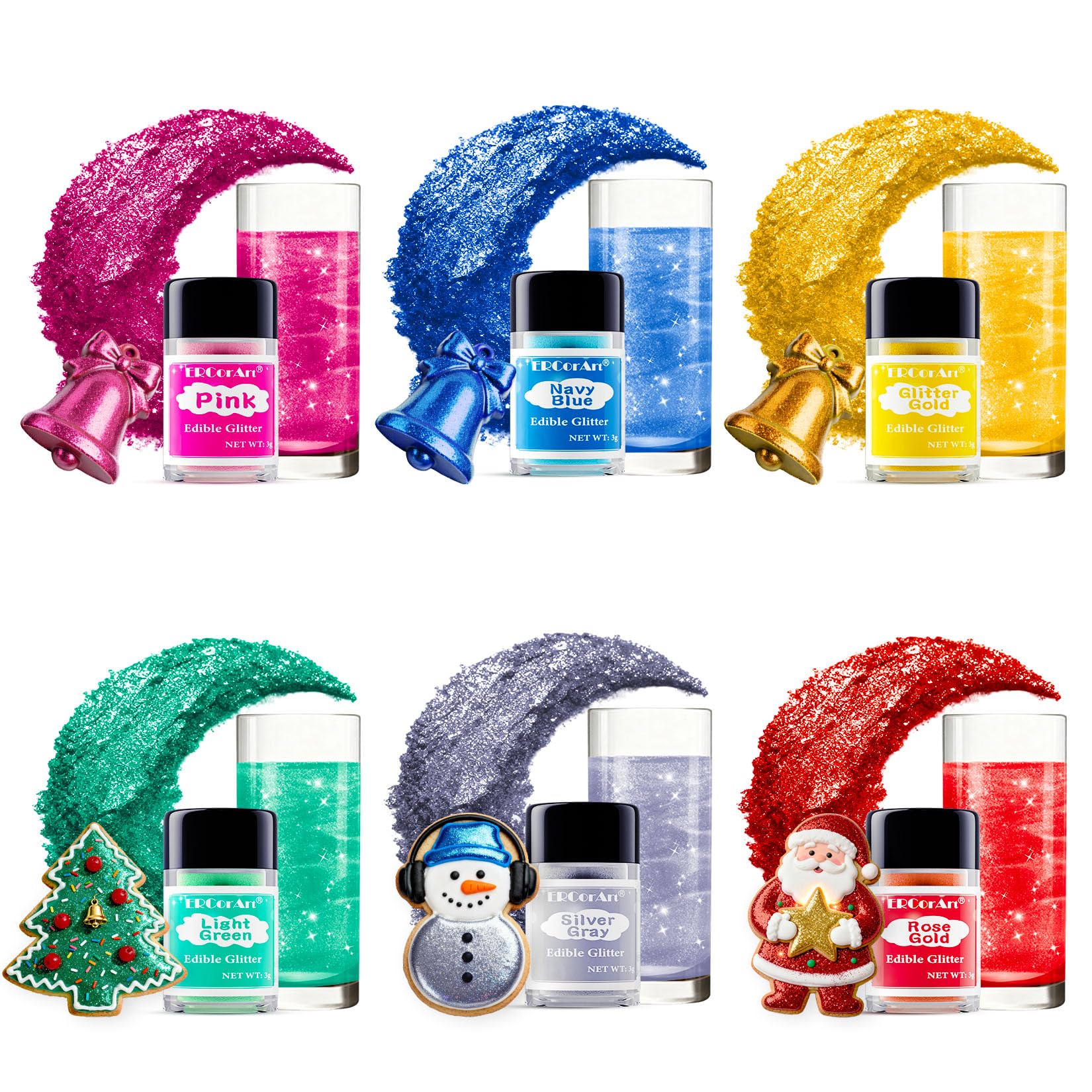 Edible Glitter - 6 Colors Luster Dust Edible, Food Grade Cake Decorating Shimmering Glitter for Drinks, Powder Glitter for Fondant, Chocolate, Candy, Cookie- 3g, Vegan