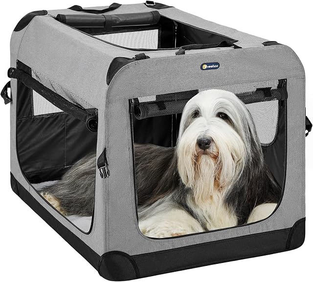 Veehoo Folding Soft Dog Crate, 3-Door Pet Kennel for Crate-Training Dogs, 5 x Heavy-Weight Mesh Screen, 600D Cationic Oxford Fabric, Indoor & Outdoor Use, 40", Gray
